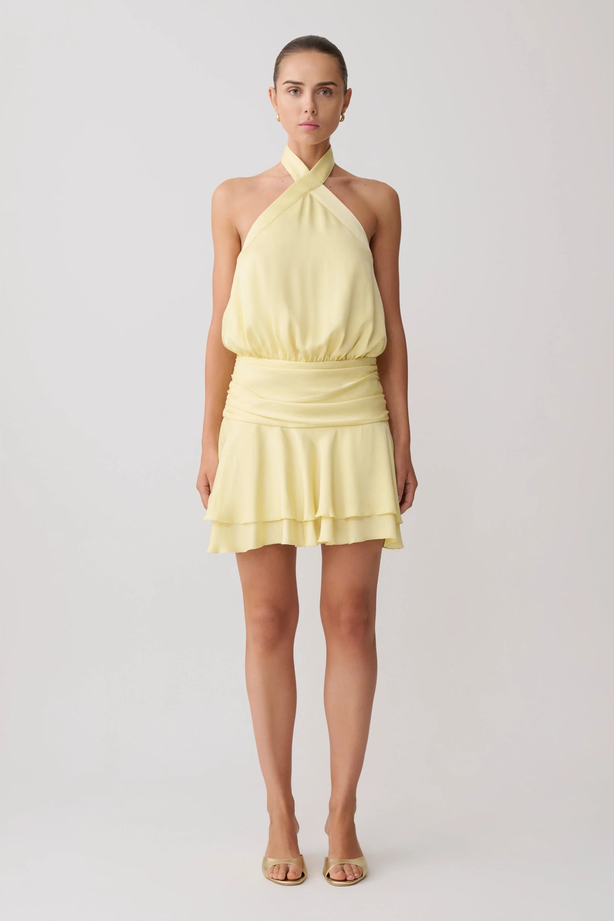 Poppy Satin Halter Mini Dress Lemon