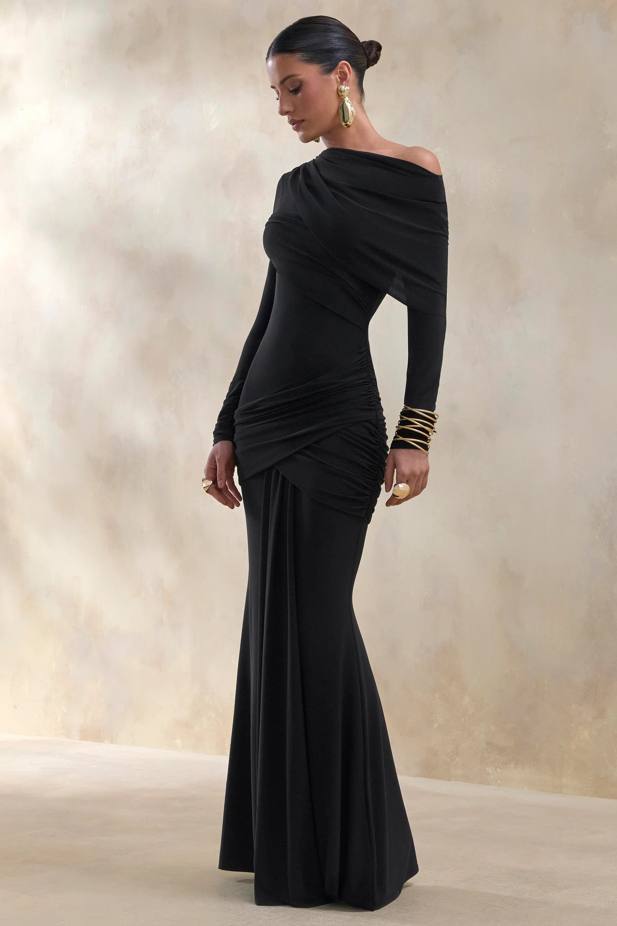 Kessara Black Asymmetric Neck Maxi Dress With Sash And Gathered Detailing