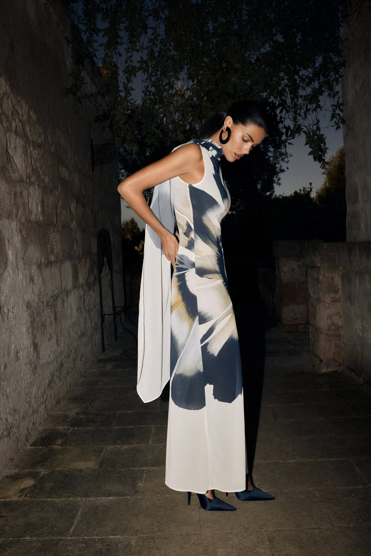 Dakota Chiffon Maxi Dress With Scarf Ivory Oversized Floral Print
