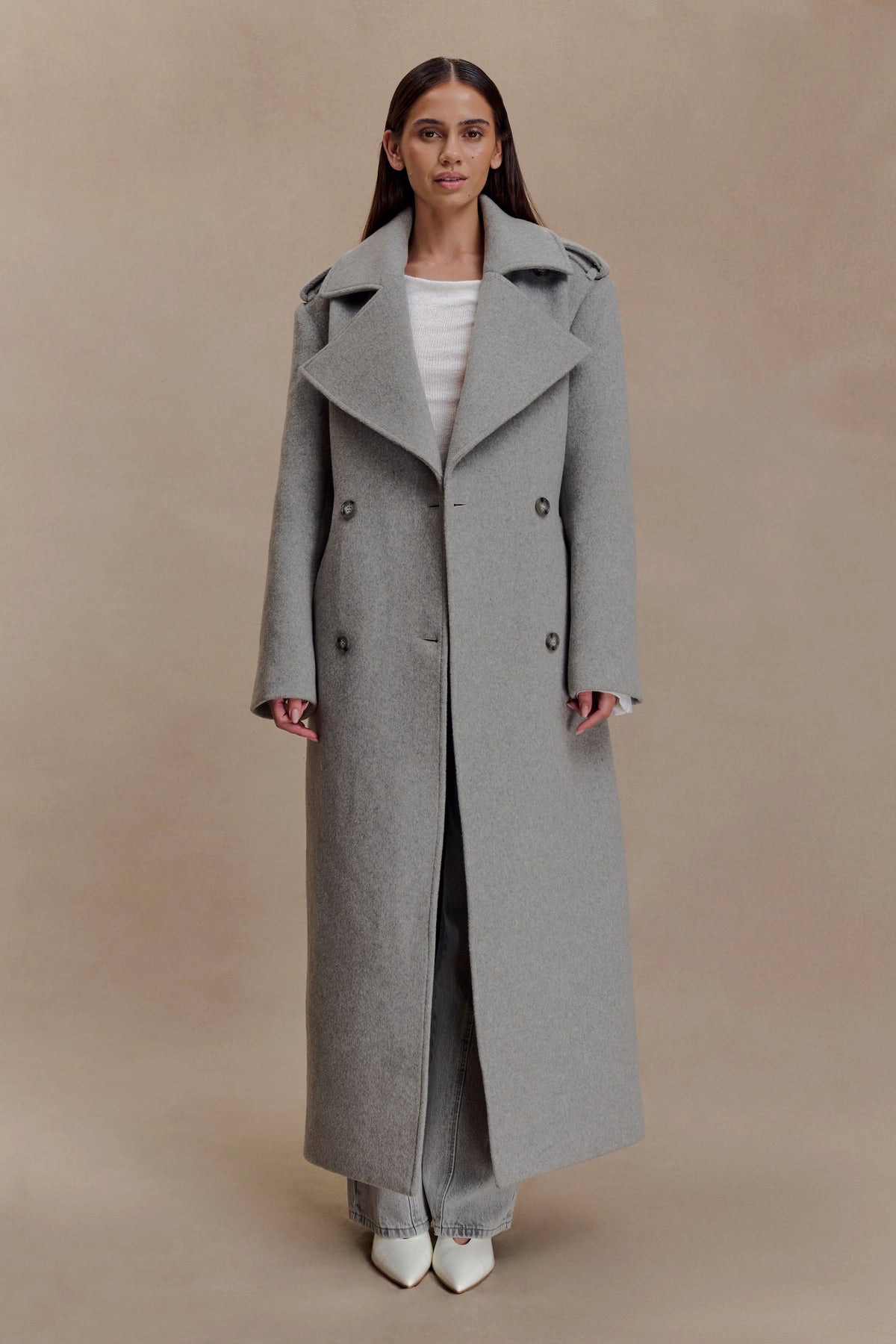 Levi Long Trench Wool Coat Grey Marle