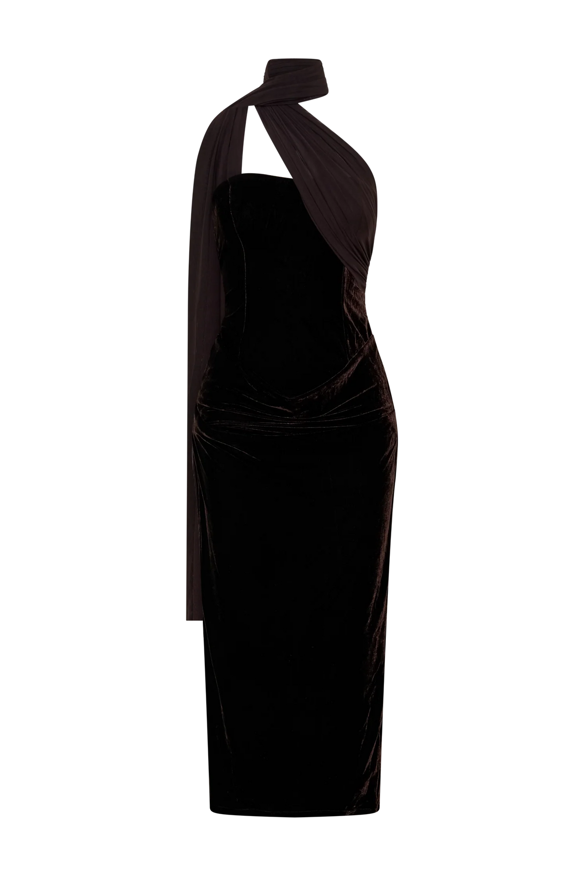 Mattea Velvet Midi Dress With Scarf Chocolate