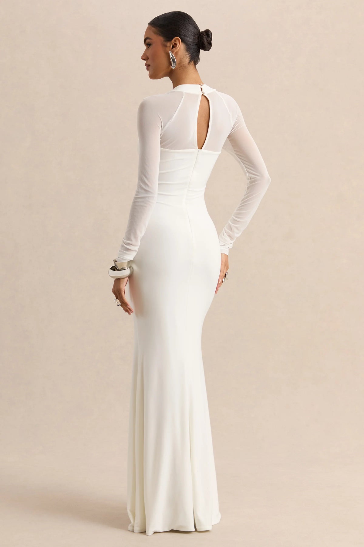 Fleurisia White Square Neck Maxi Dress With Mesh Long Sleeves
