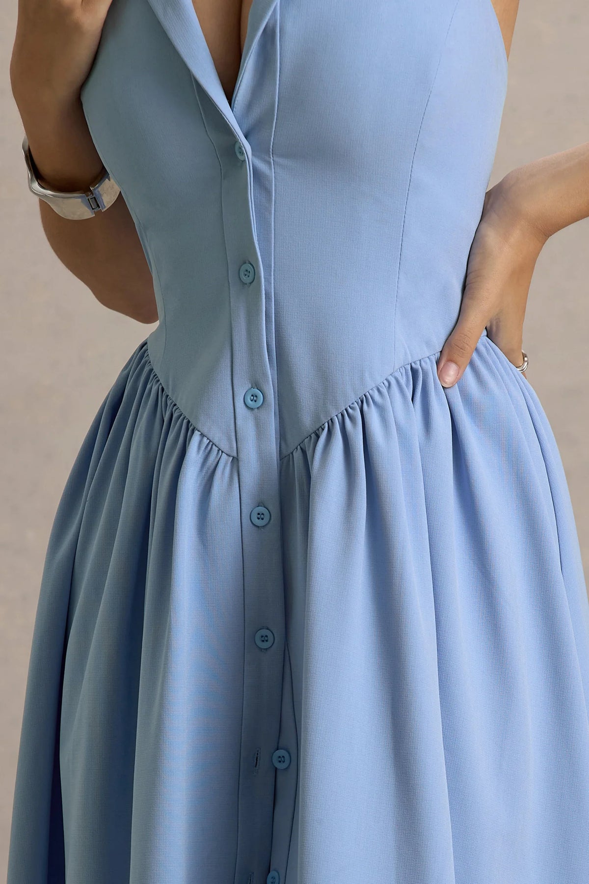 Samsara Light Blue Plunge Neck Collared Midi Dress