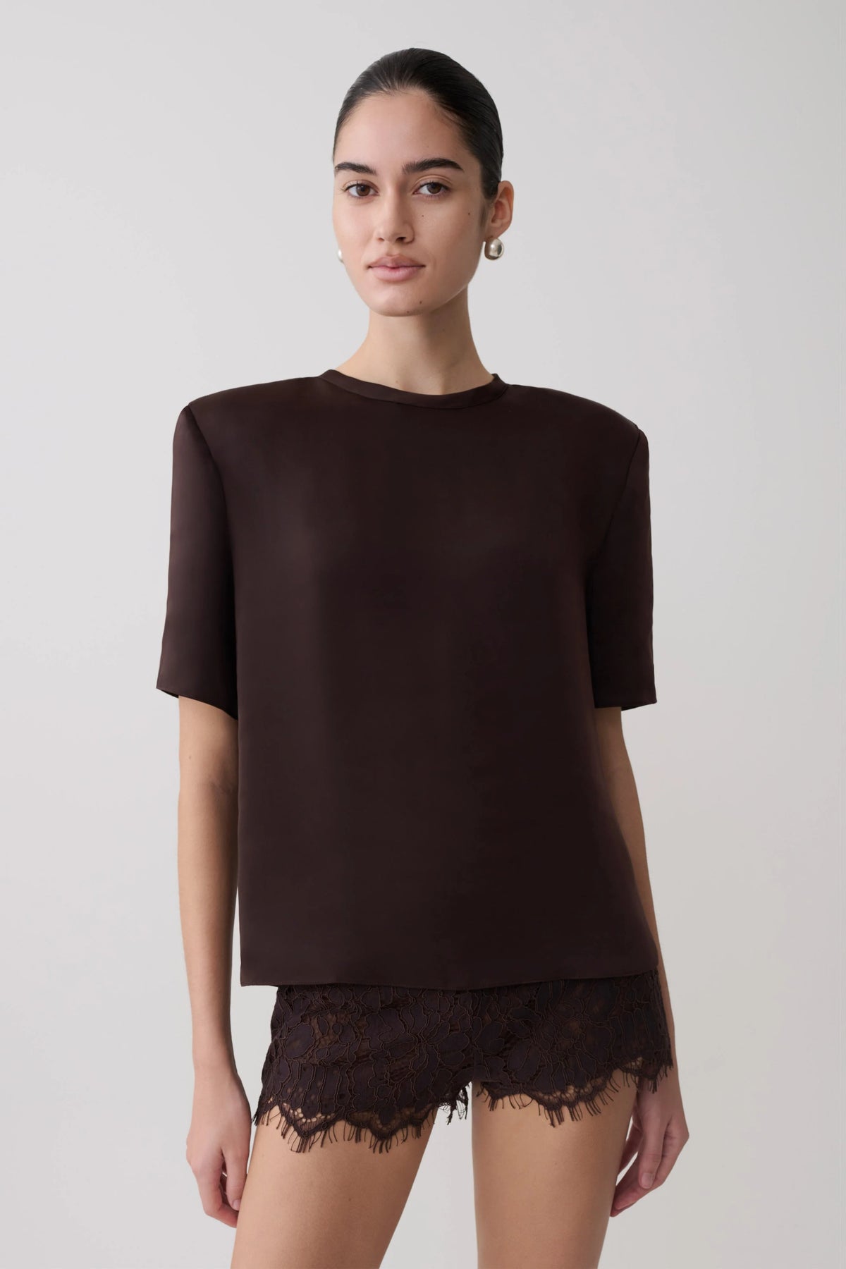 Harlyn Shoulder Pad Short Sleeve Satin Top Dark Chocolate