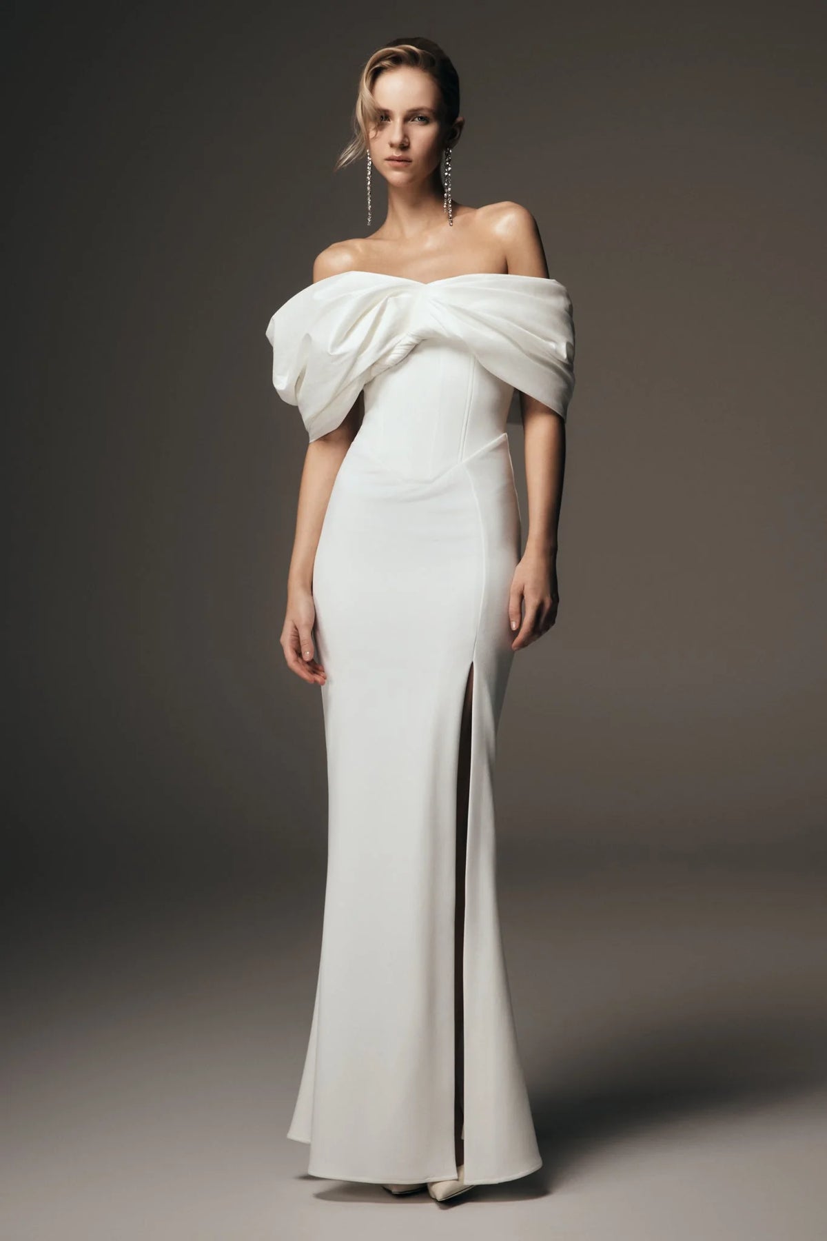 Aphrodite Off Shoulder Crepe Gown Ivory