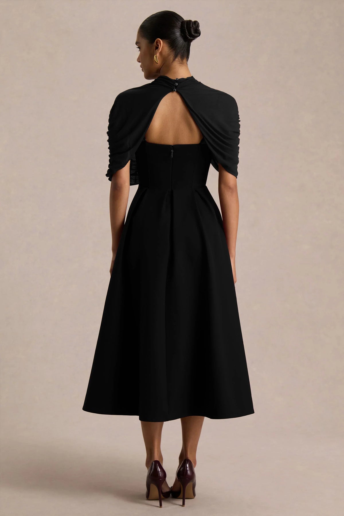 Thalia Black High Neck Midi Dress With Sheer Mesh Cape