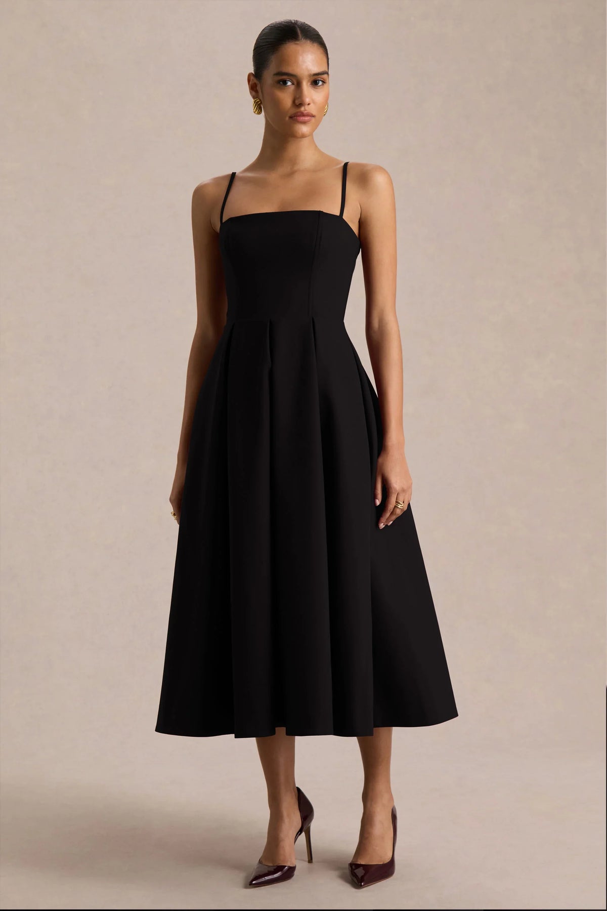 Thalia Black High Neck Midi Dress With Sheer Mesh Cape