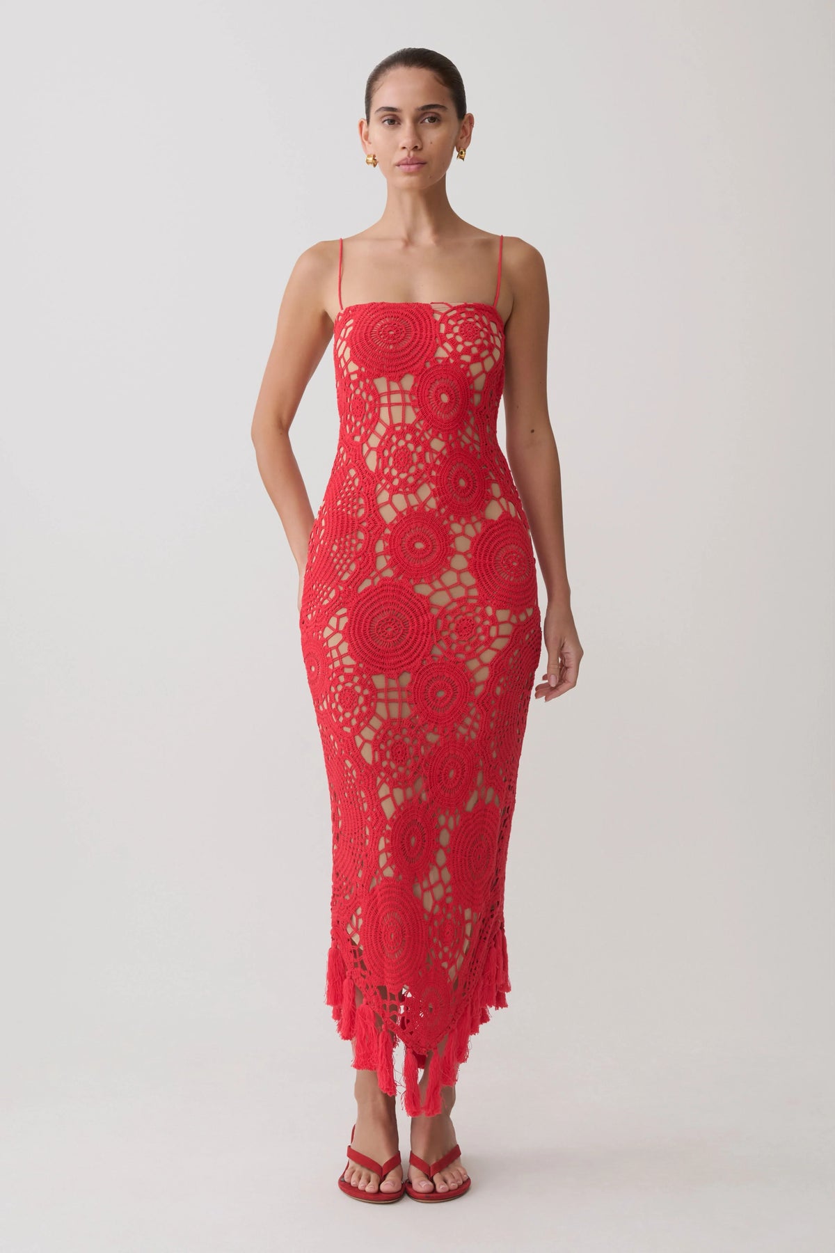 Delta Crochet Halter Midi Dress Red