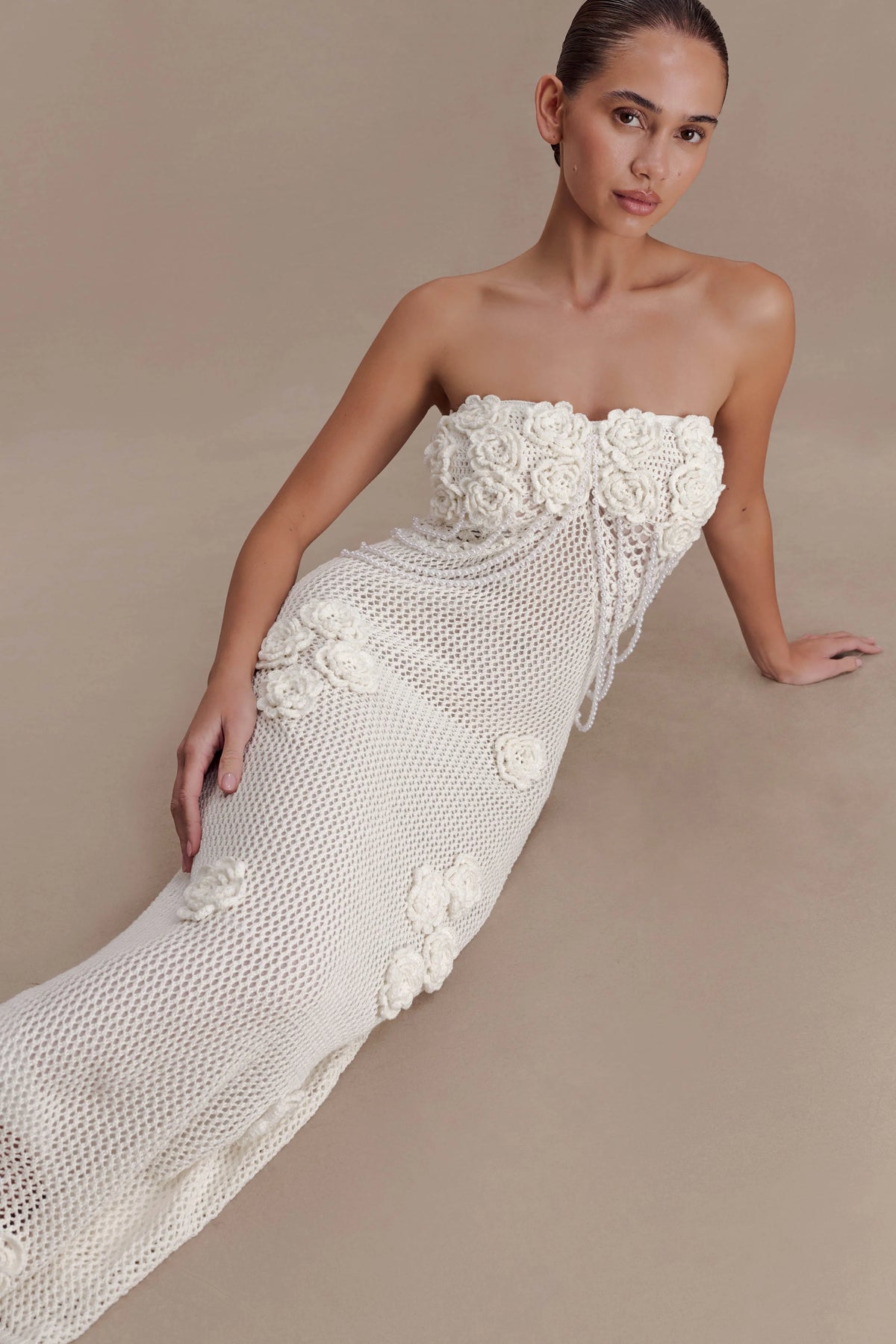 Samantha Crochet Midi Dress With Flowers Ivory