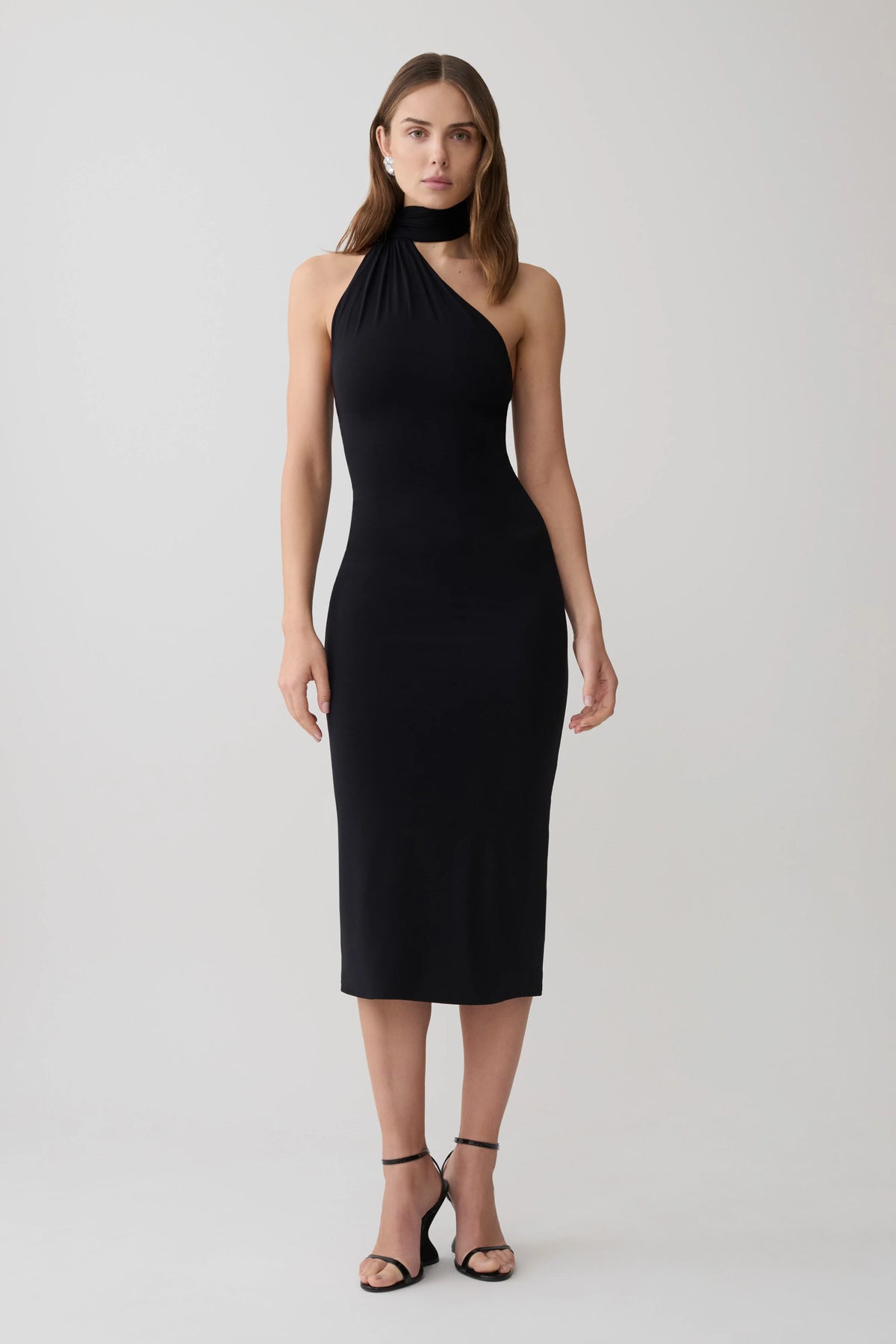 Jemma One Shoulder Tie Midi Dress Black