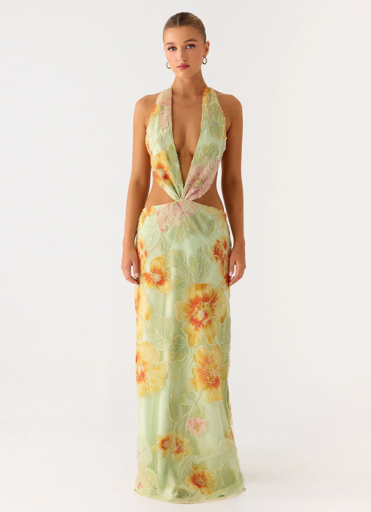 Really Something Beaded Maxi Dress Green Floral Beaded