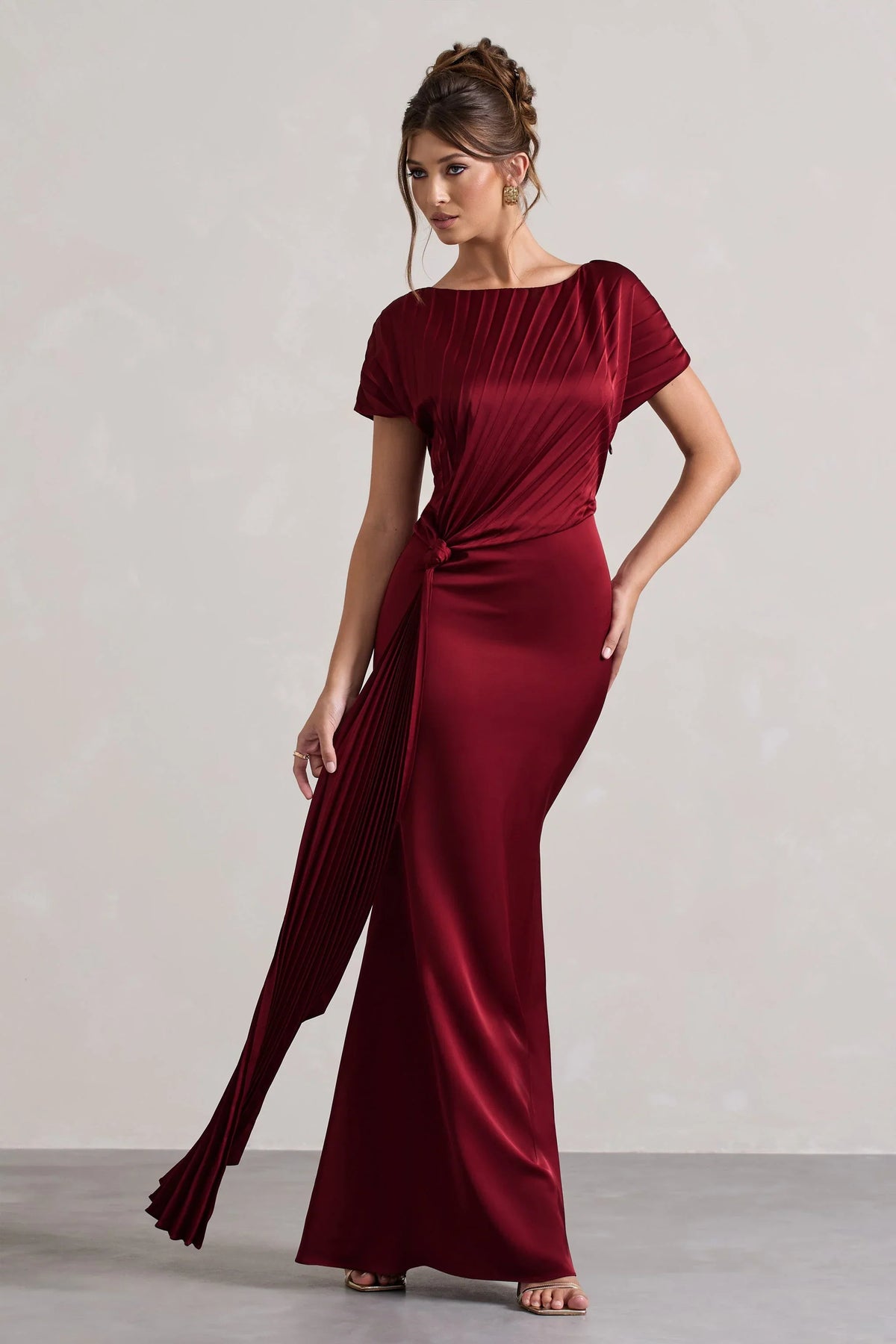 Ambrosia Berry Satin Pleated Maxi Dress With Drape