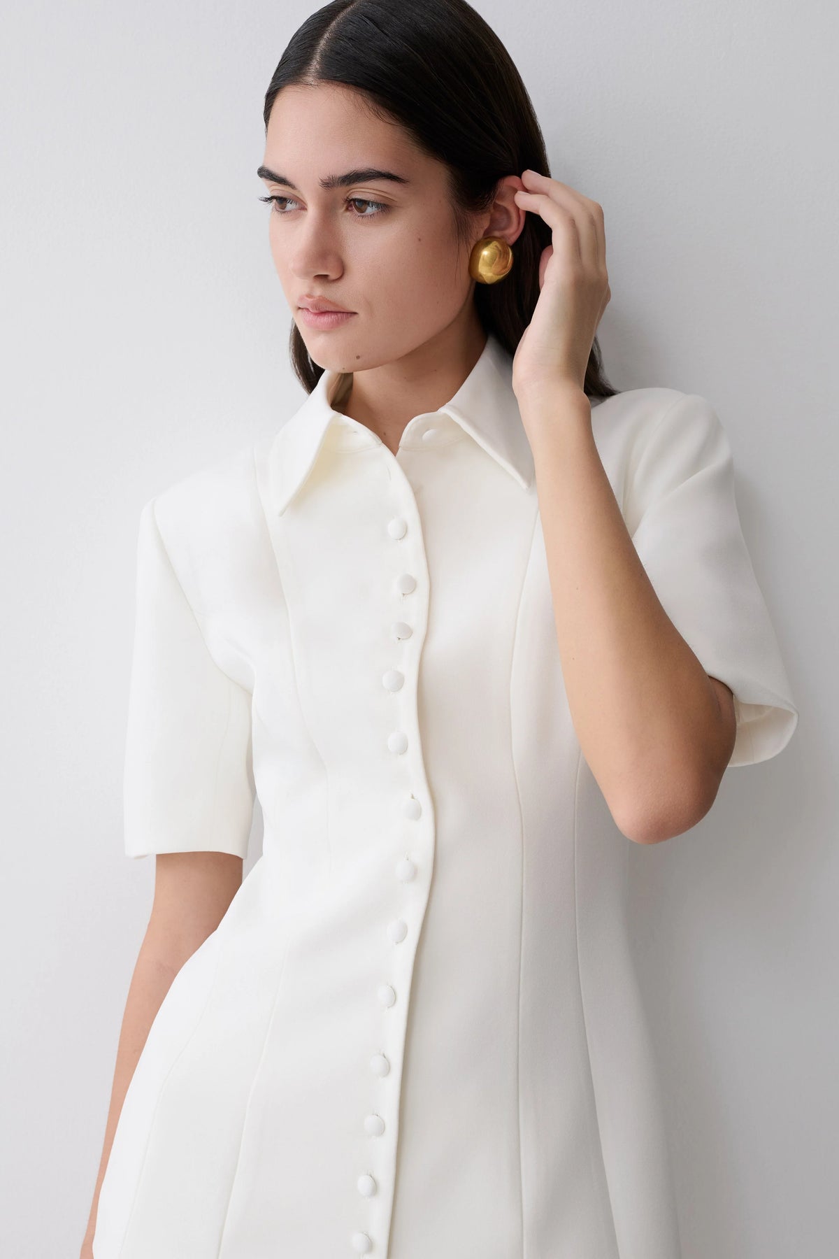 Ariella Button Up Short Sleeves Top White