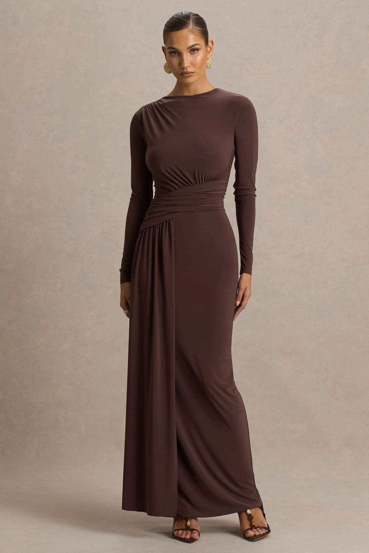 Virelle Brown Boat Neck Maxi Dress With Wrap Detail And Sash