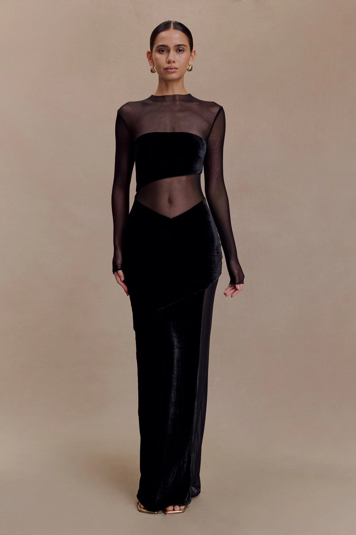 Davina Velvet And Mesh Maxi Dress Black