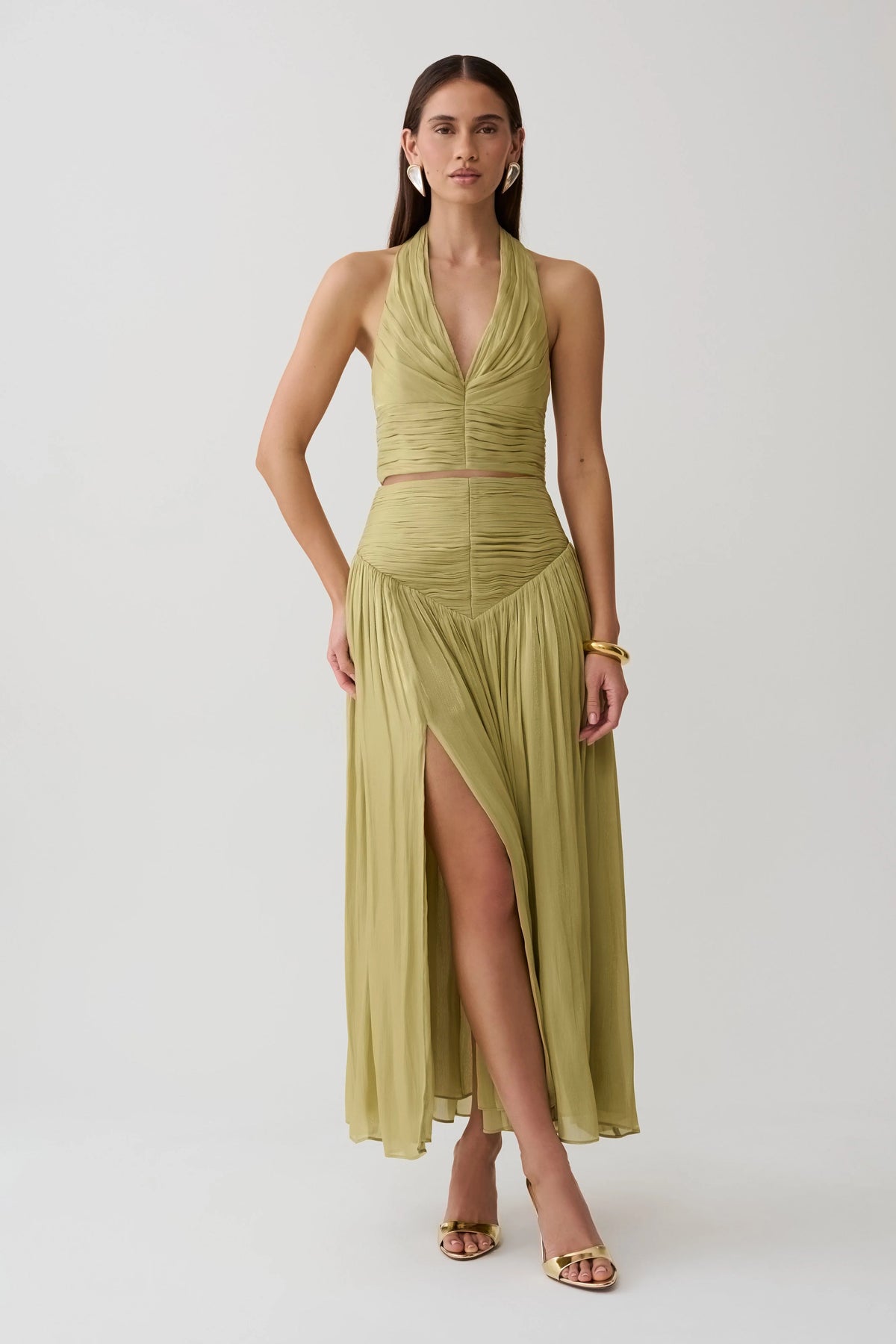 Makena Gathered V Neck Top Green