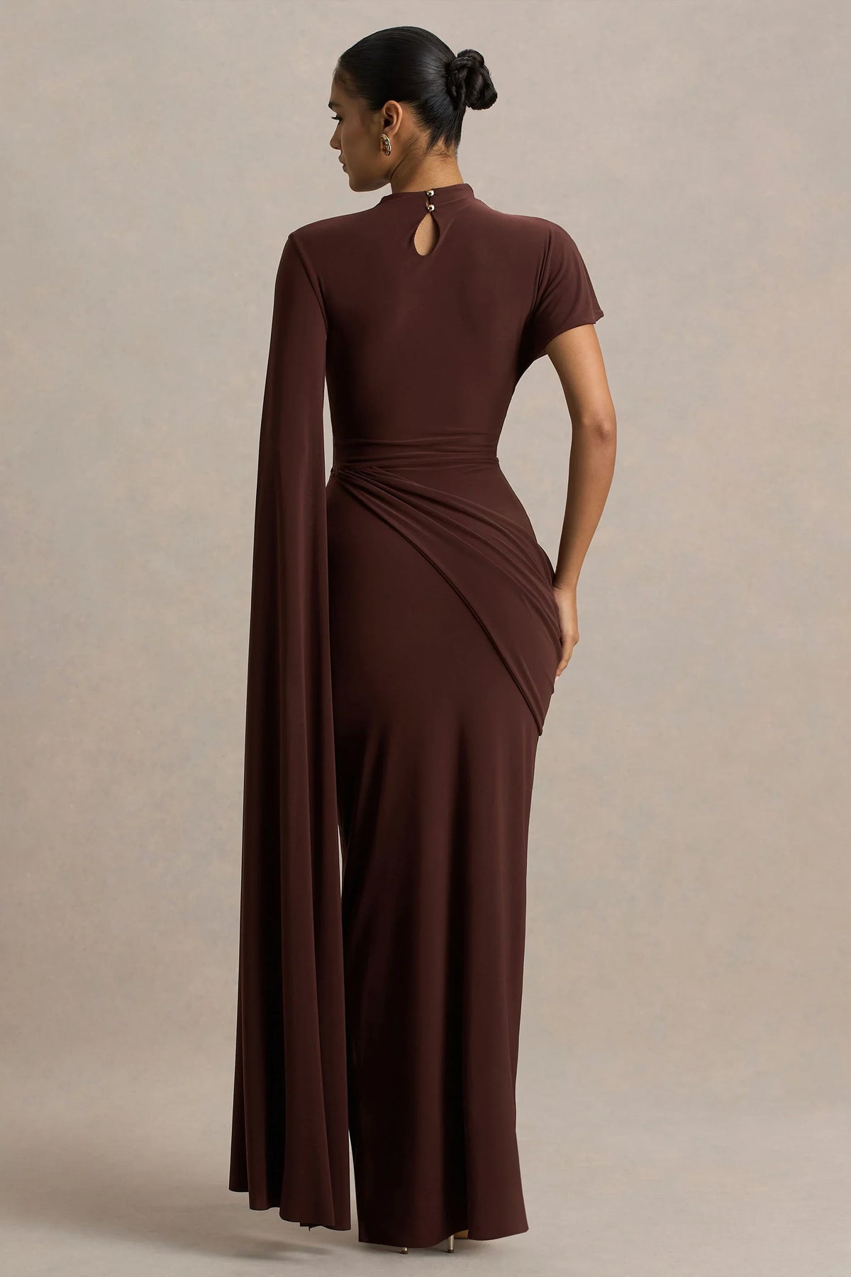 Tropic Brown High Neck Maxi With Long Cape Sleeve