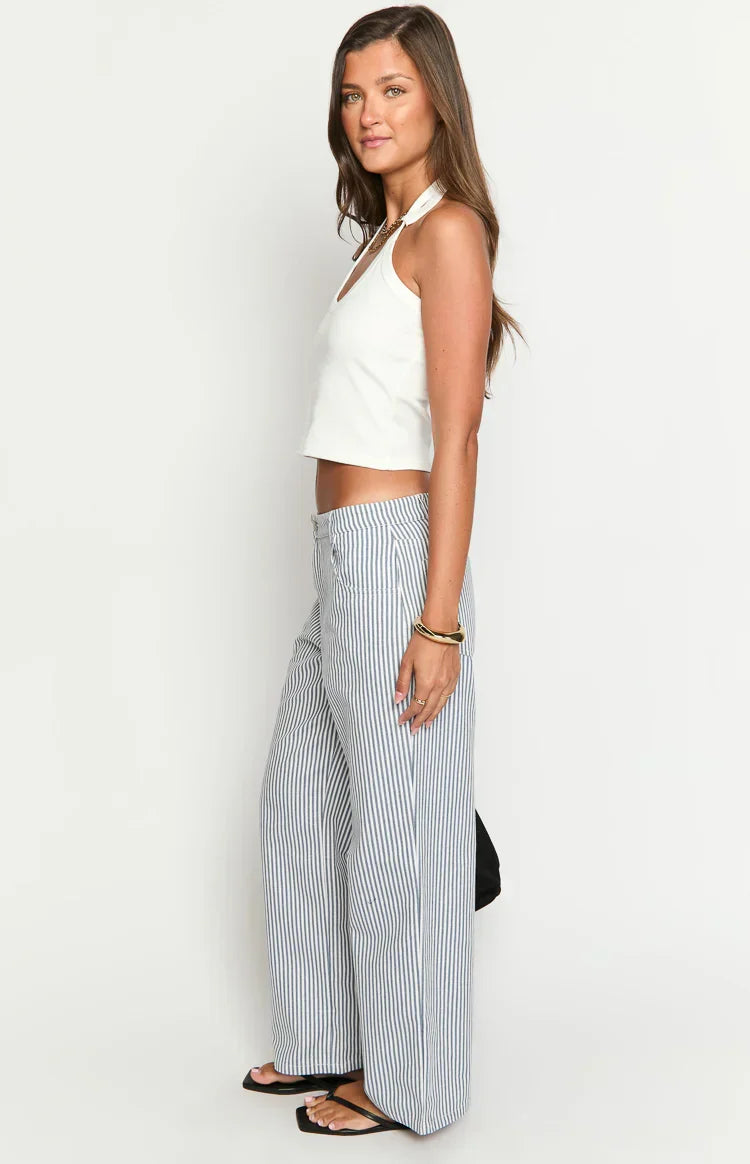 Amity Navy Stripe Mid Rise Straight Leg Jeans