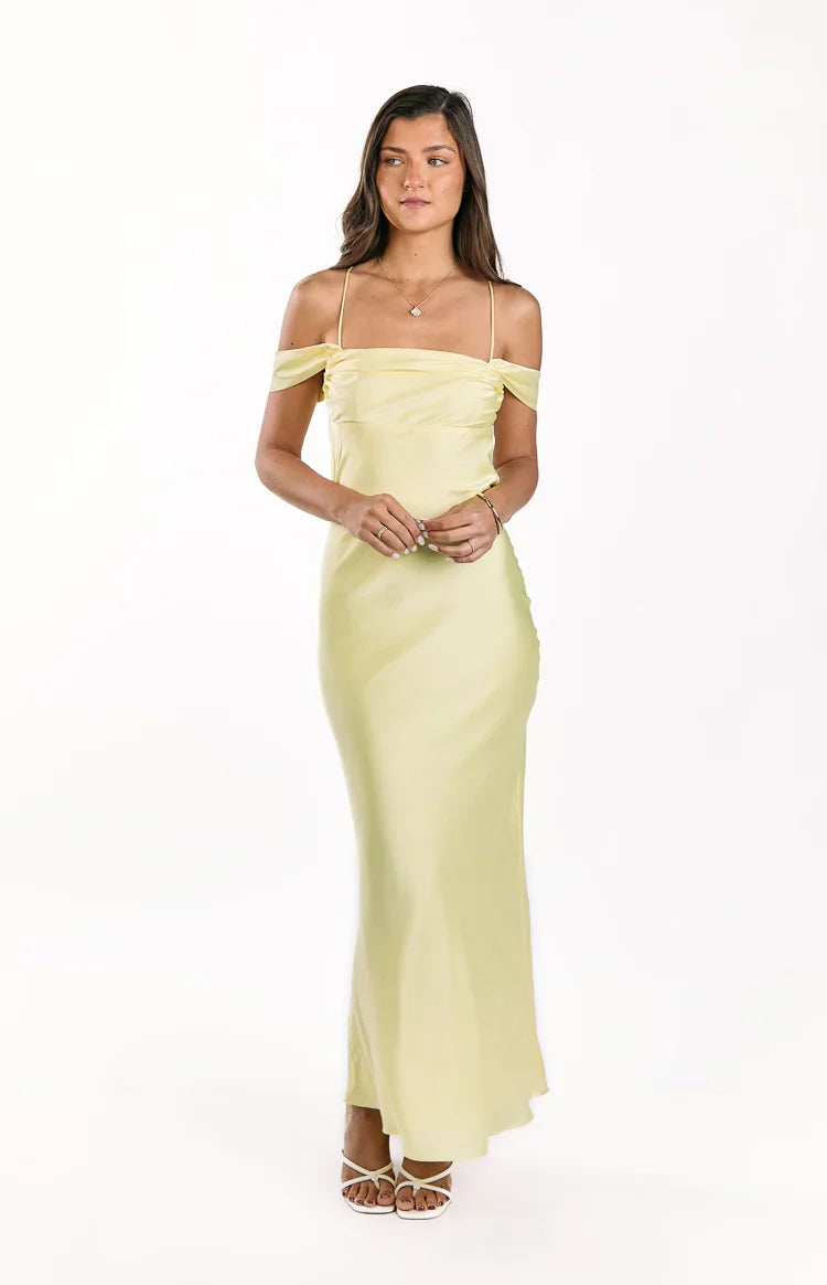Danni Light Yellow Tie Off Shoulder Formal Maxi Dress