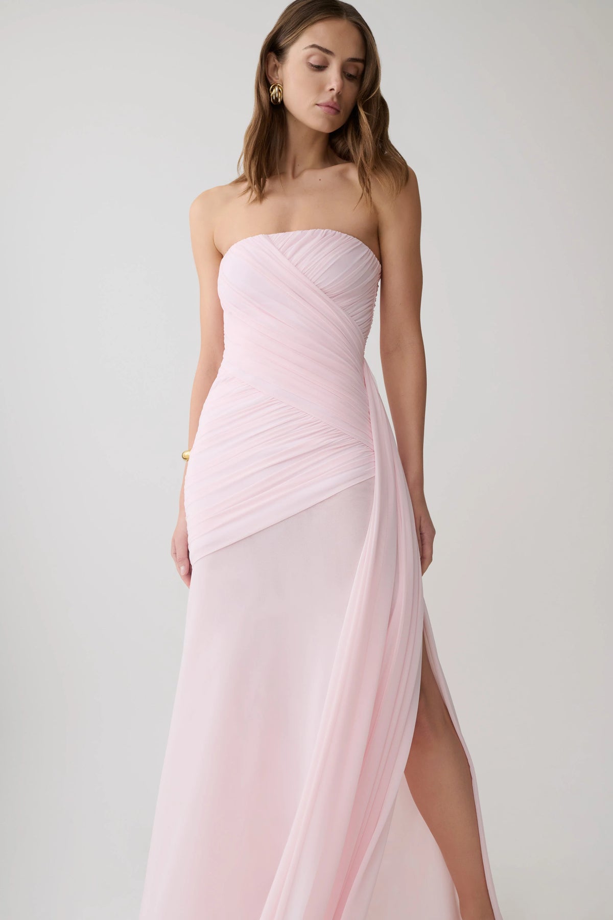 Monet Strapless Ruched Mesh Maxi Dress Ballet Pink