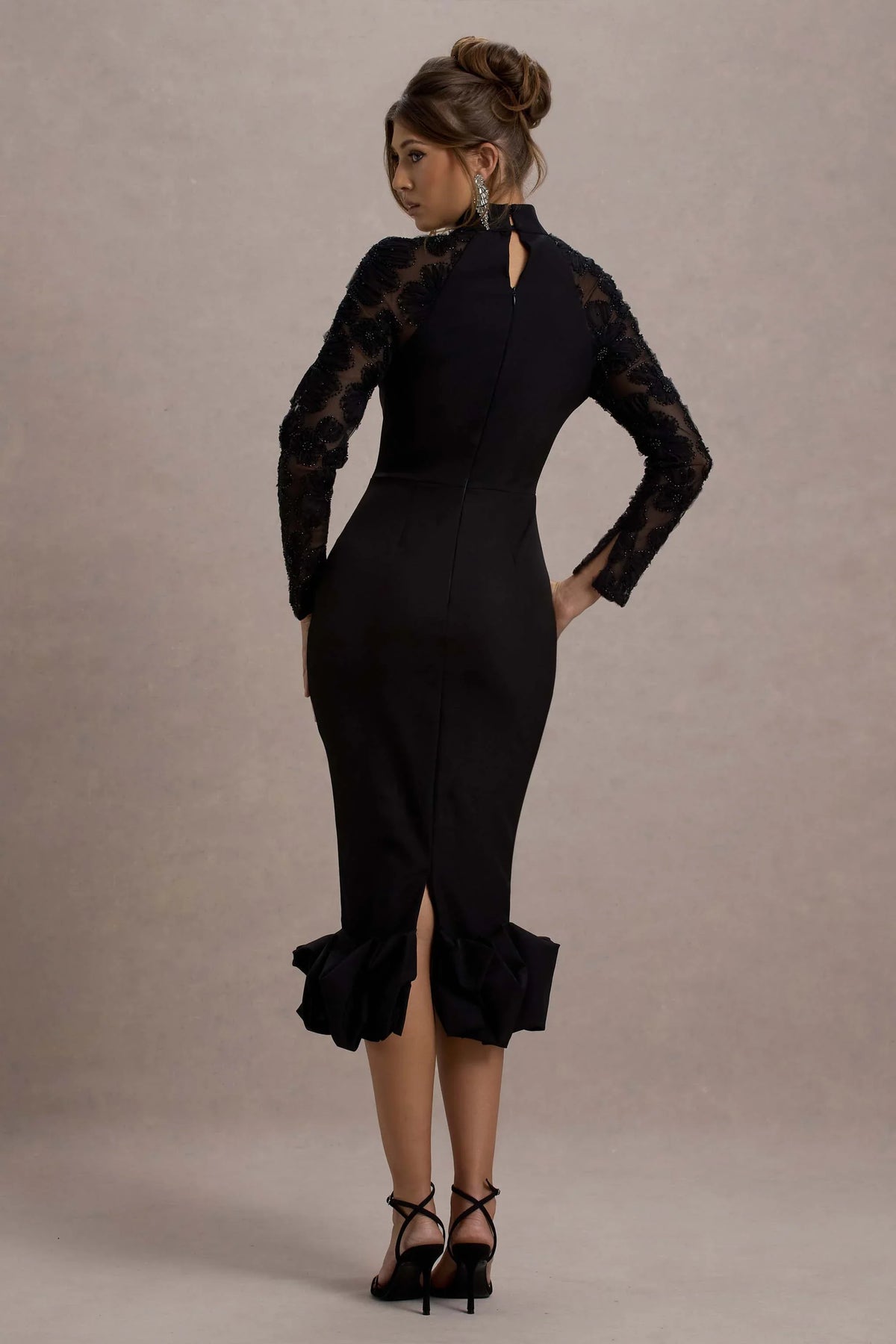 Chandra Black Mesh Long Sleeve Midi Dress With Ruffle Hem