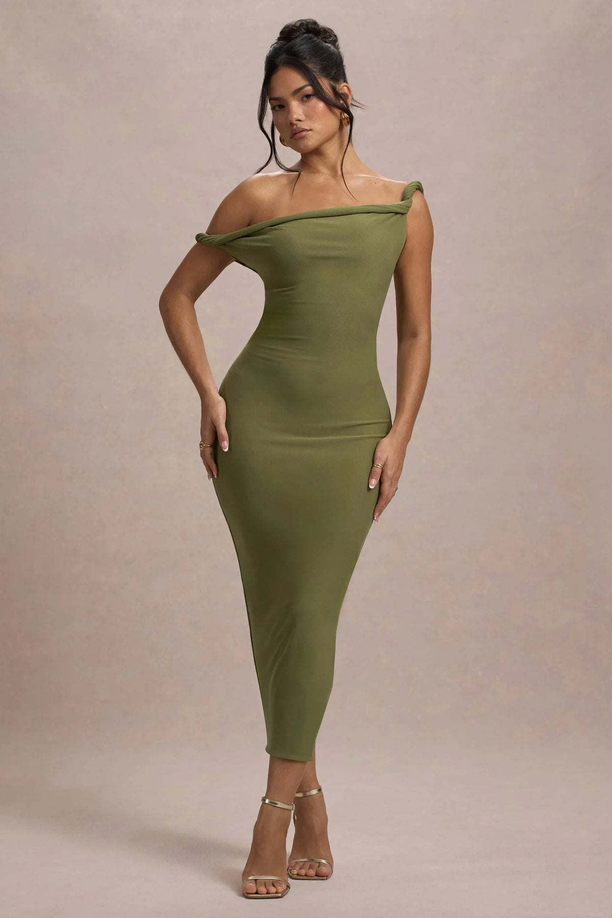 Salome Olive Twisted Asymmetric Midi Dress