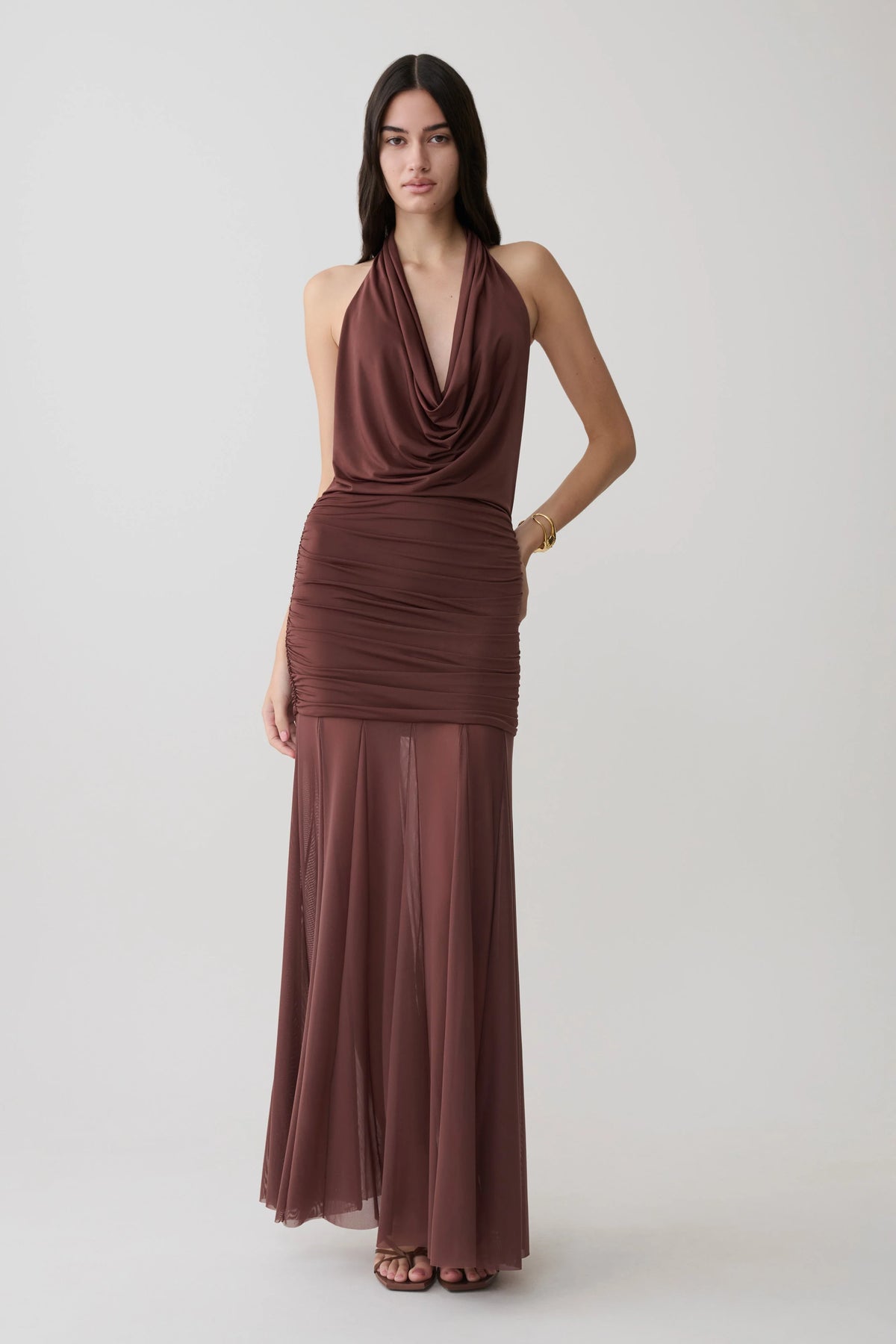 Jorja Draped Halter Slinky Maxi Dress Chocolate
