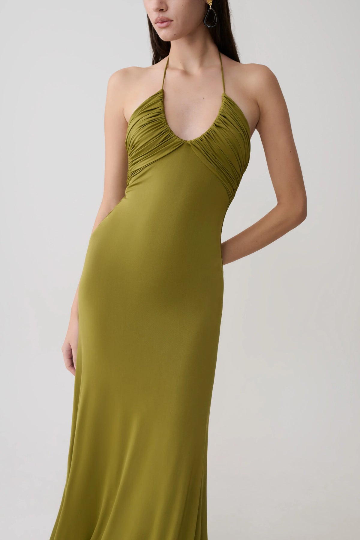 Maely Gathered Slinky Maxi Dress Olive