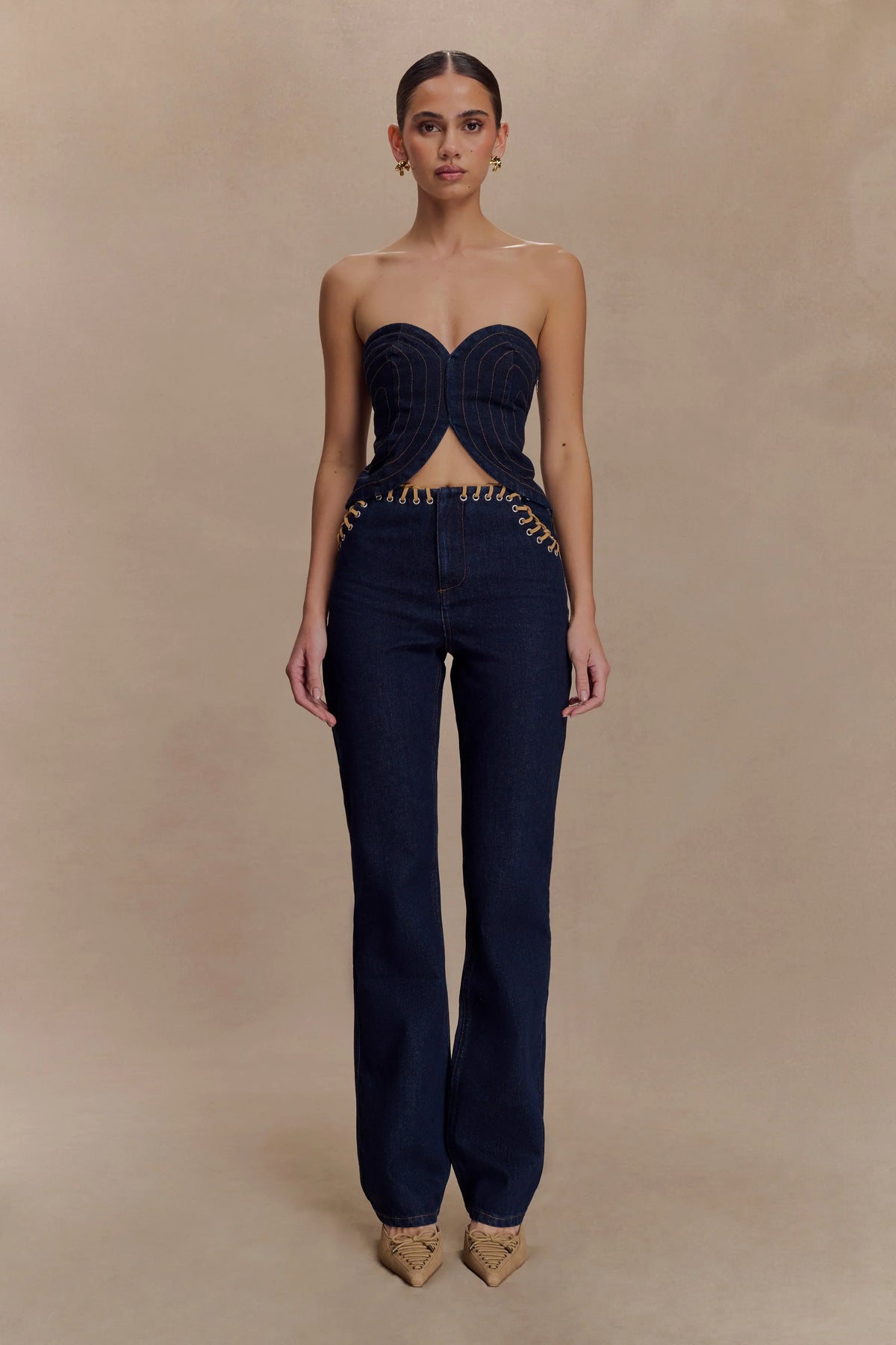 Tully Strapless Topstitch Denim Top Indigo Blue