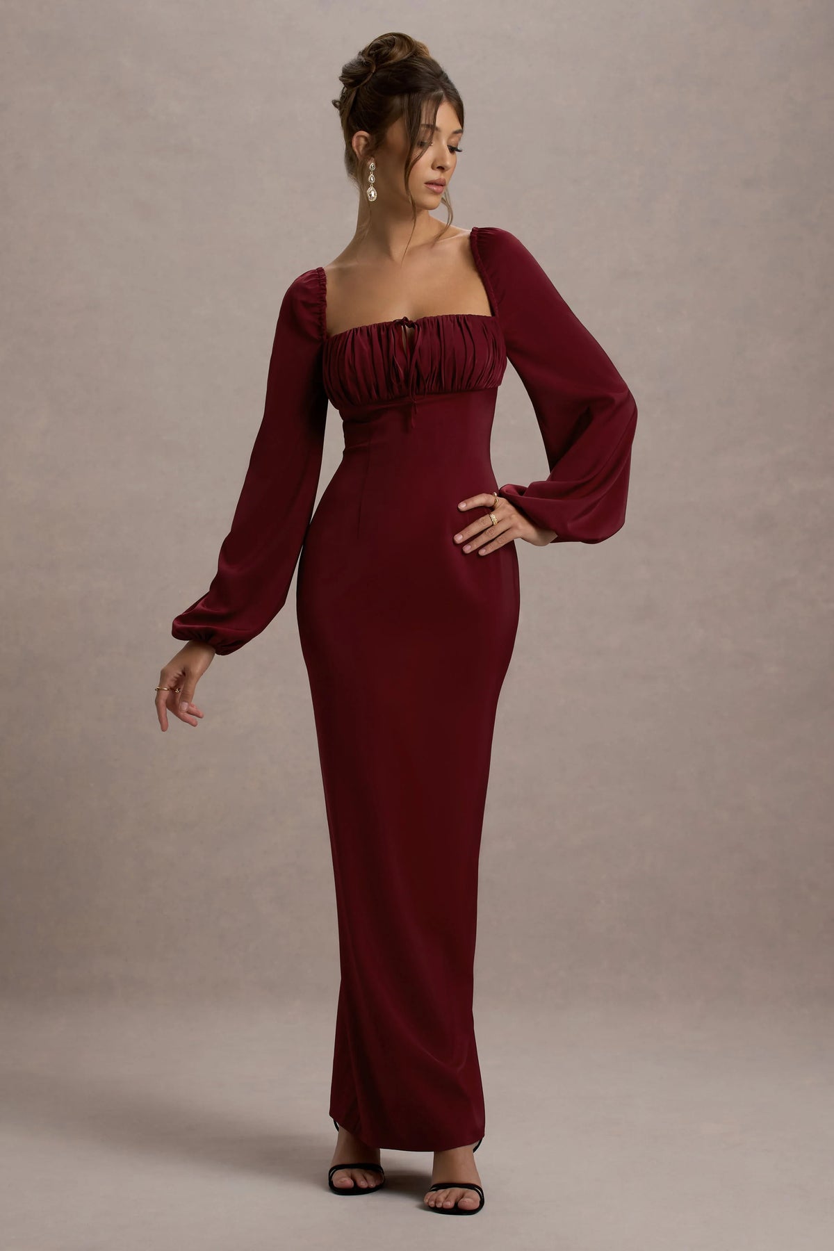 Nika Berry Satin Square Neck Balloon Sleeve Maxi Dress
