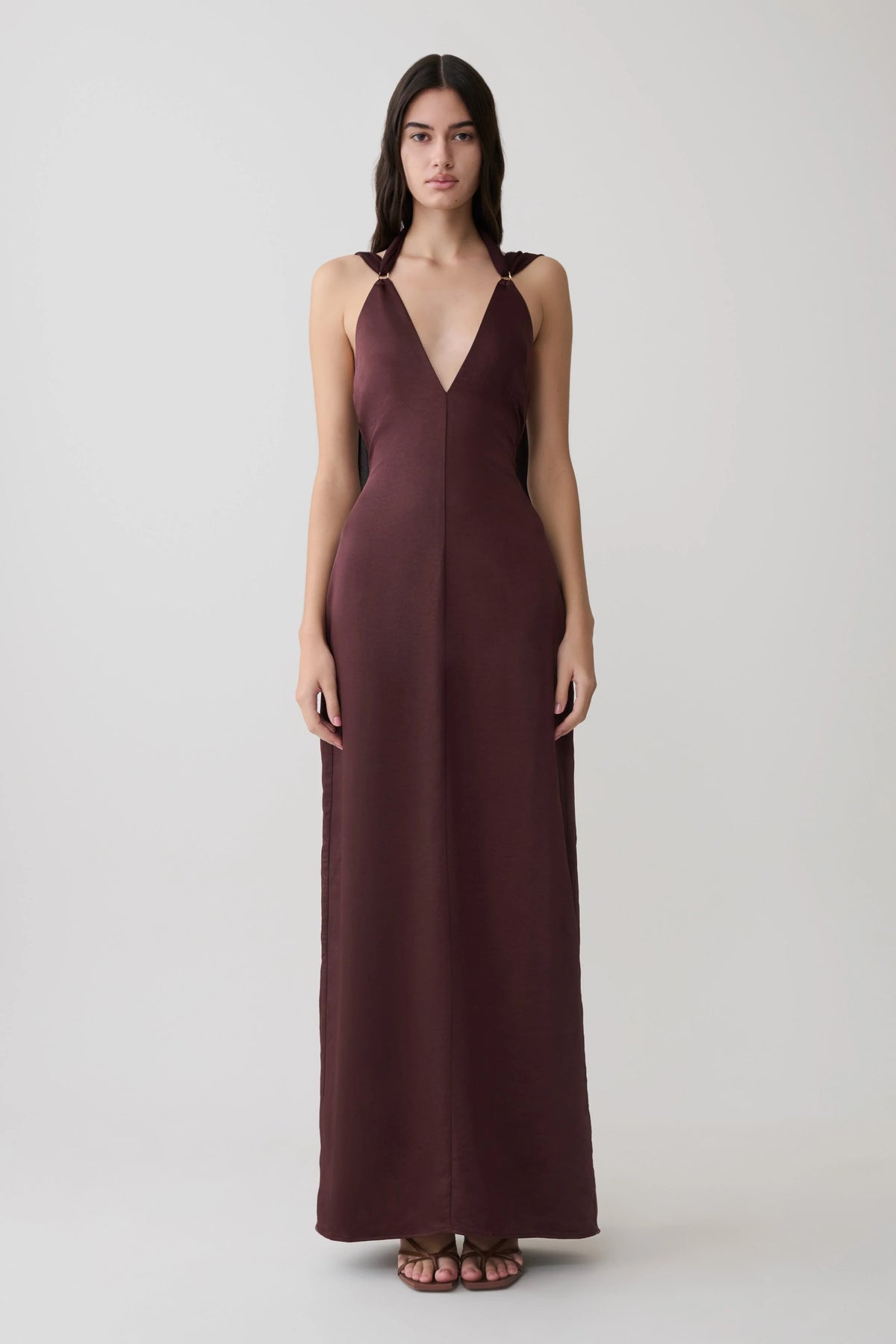 Myla Draped Shoulders Satin Maxi Dress Chocolate