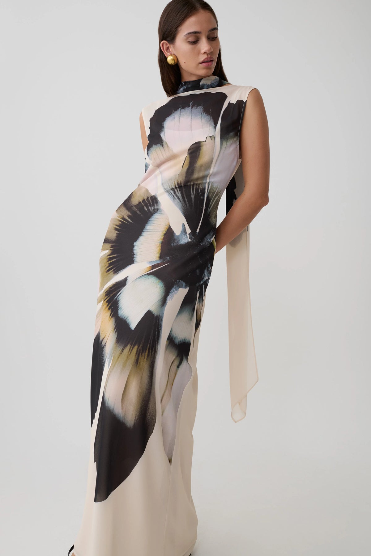 Dakota Chiffon Maxi Dress With Scarf Ivory Oversized Floral Print