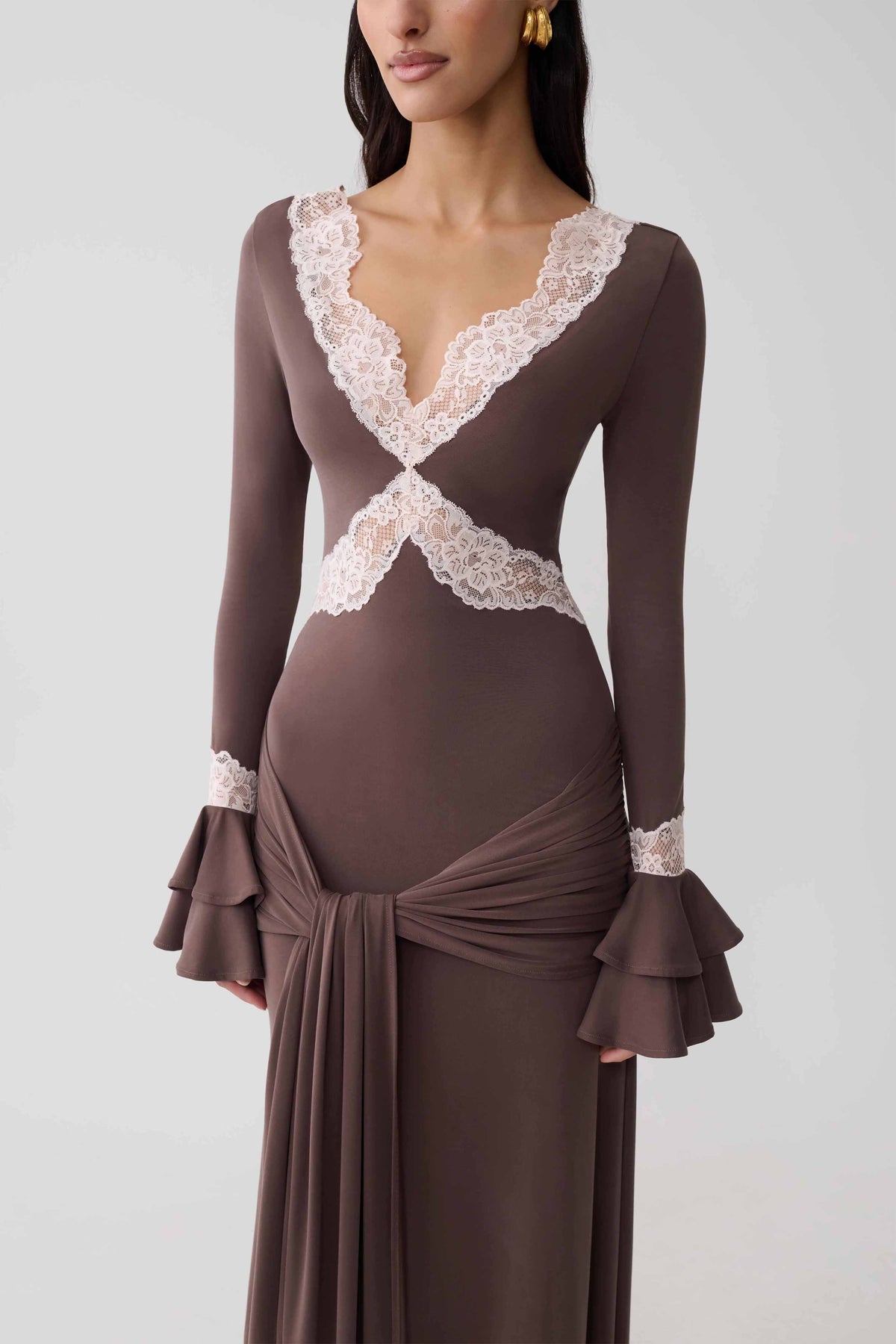 Electra Slinky Lace Maxi Dress Chocolate Ballet Pink