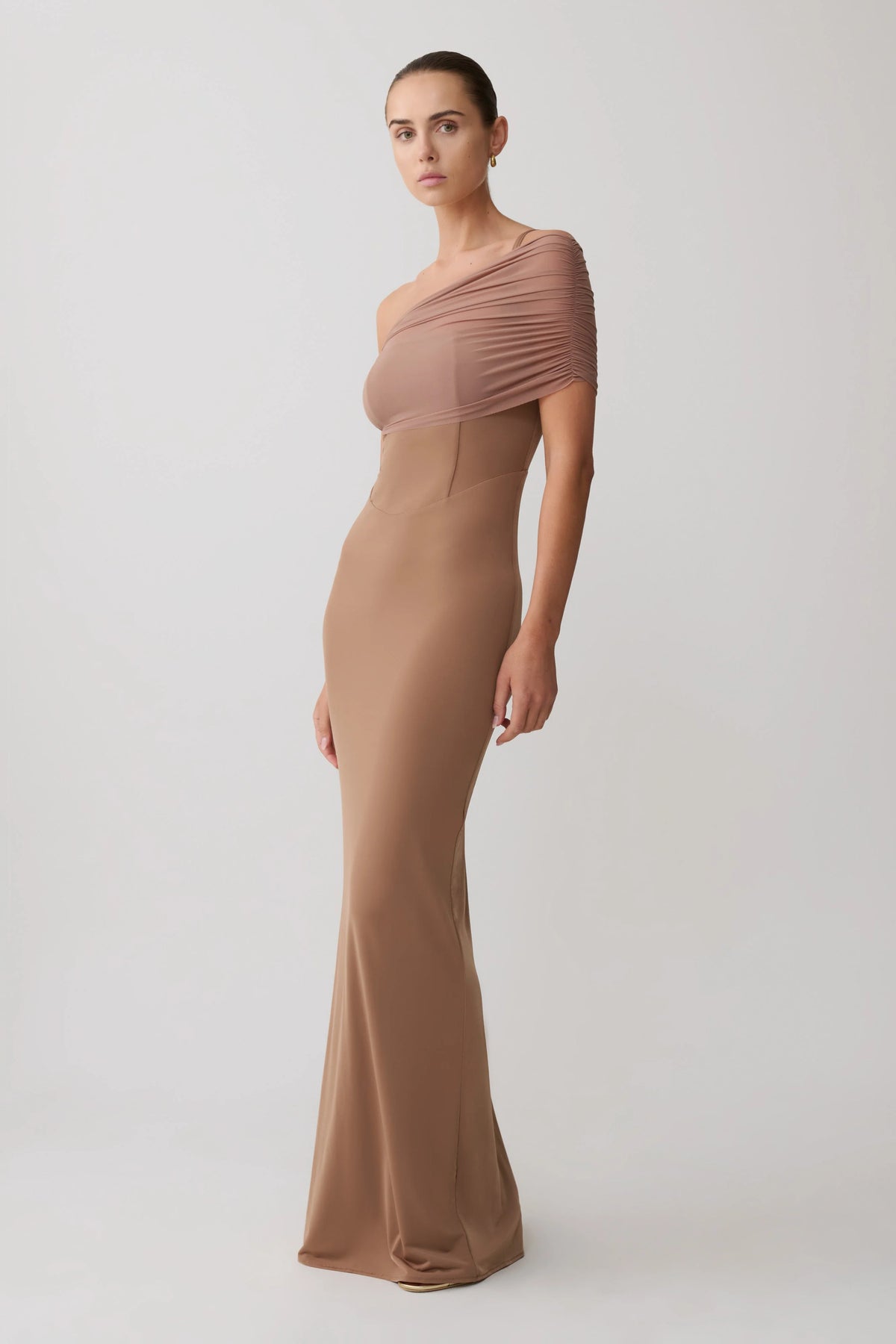 Hanh One Shoulder Mesh Maxi Dress Tan