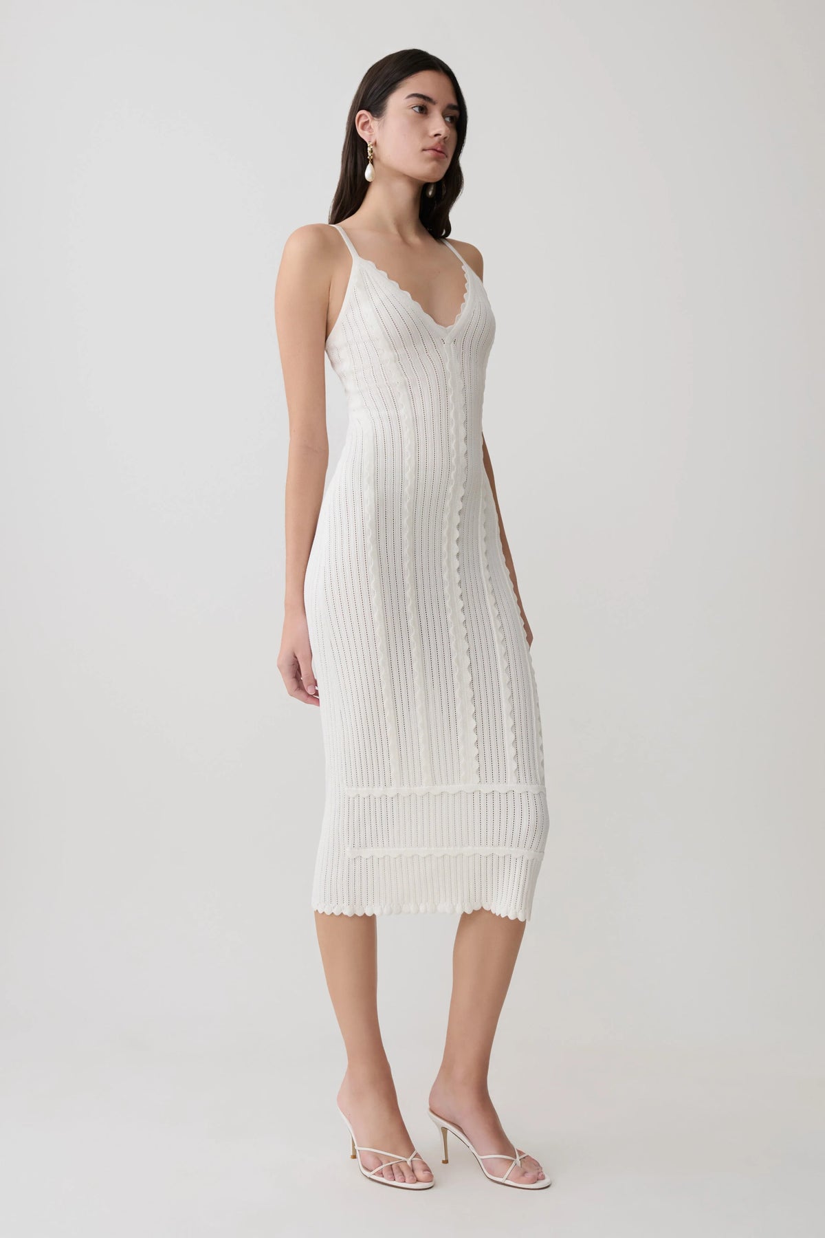 Cooper Scalloped Neckline Pointelle Midi Dress White