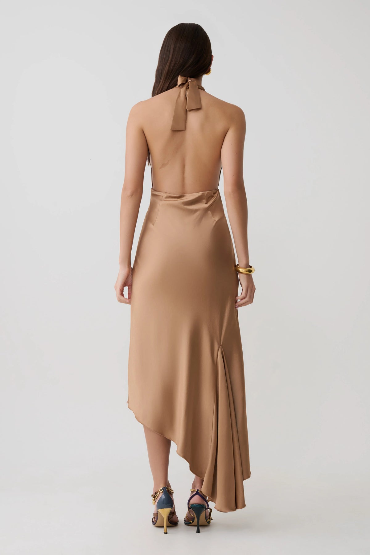 Adelie Asymmetric Hem Halter Midi Dress Cognac