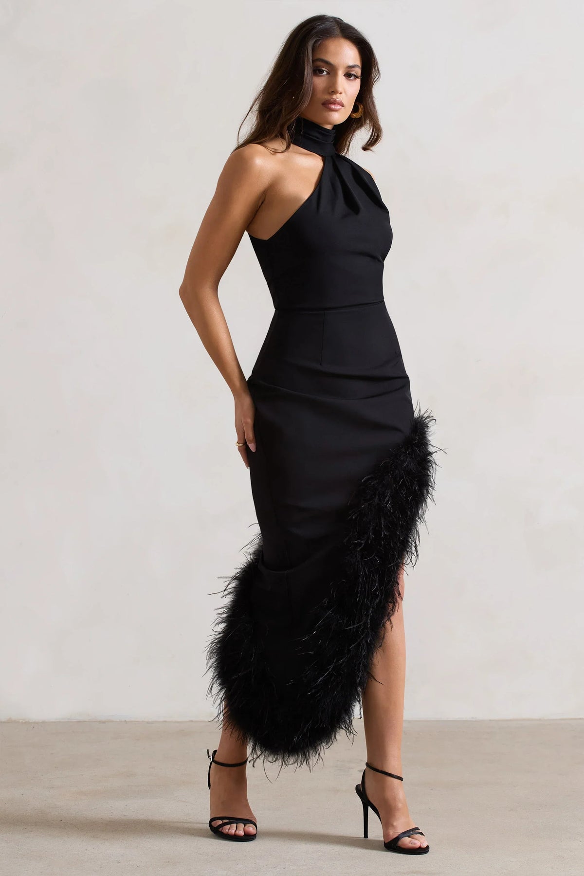 Brilliance Black Asymmetric Maxi Dress With Feather Trim