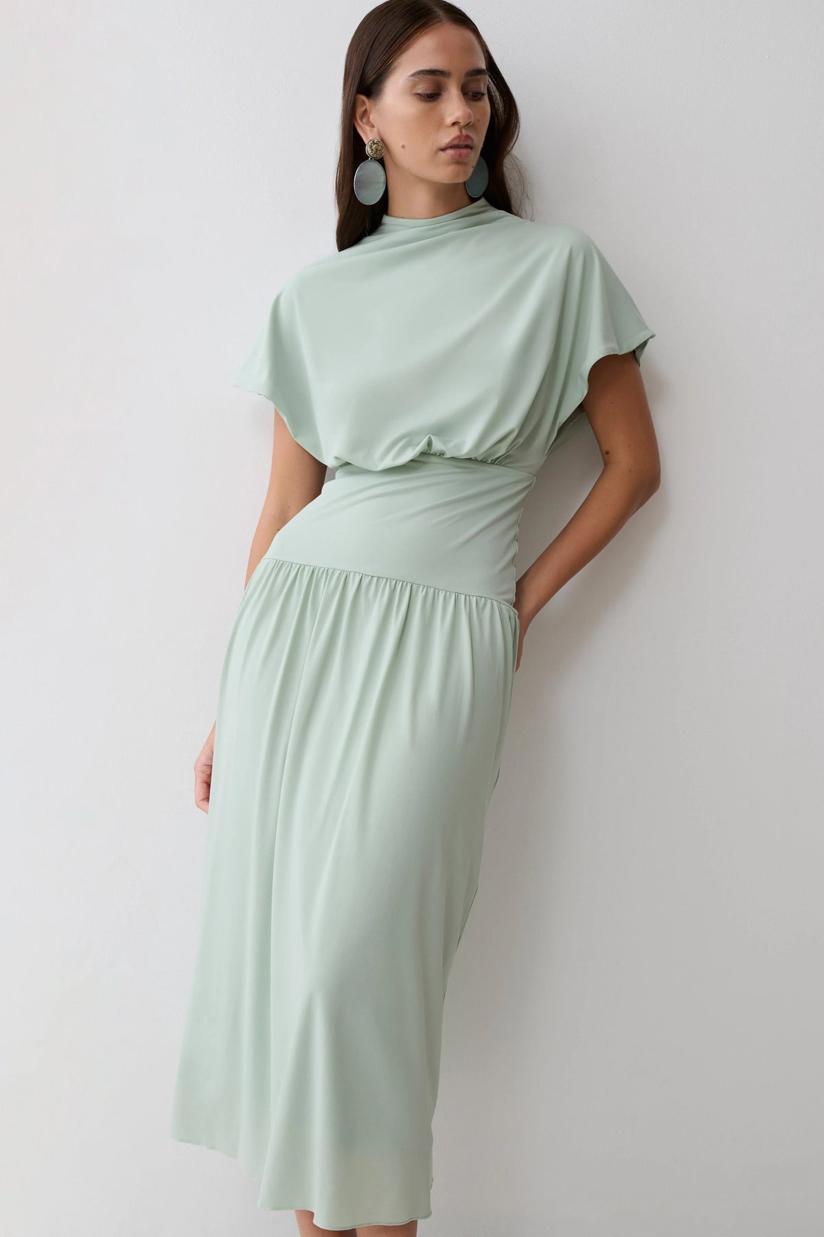 Ailla High Neck Cowl Midi Dress Aqua Grey