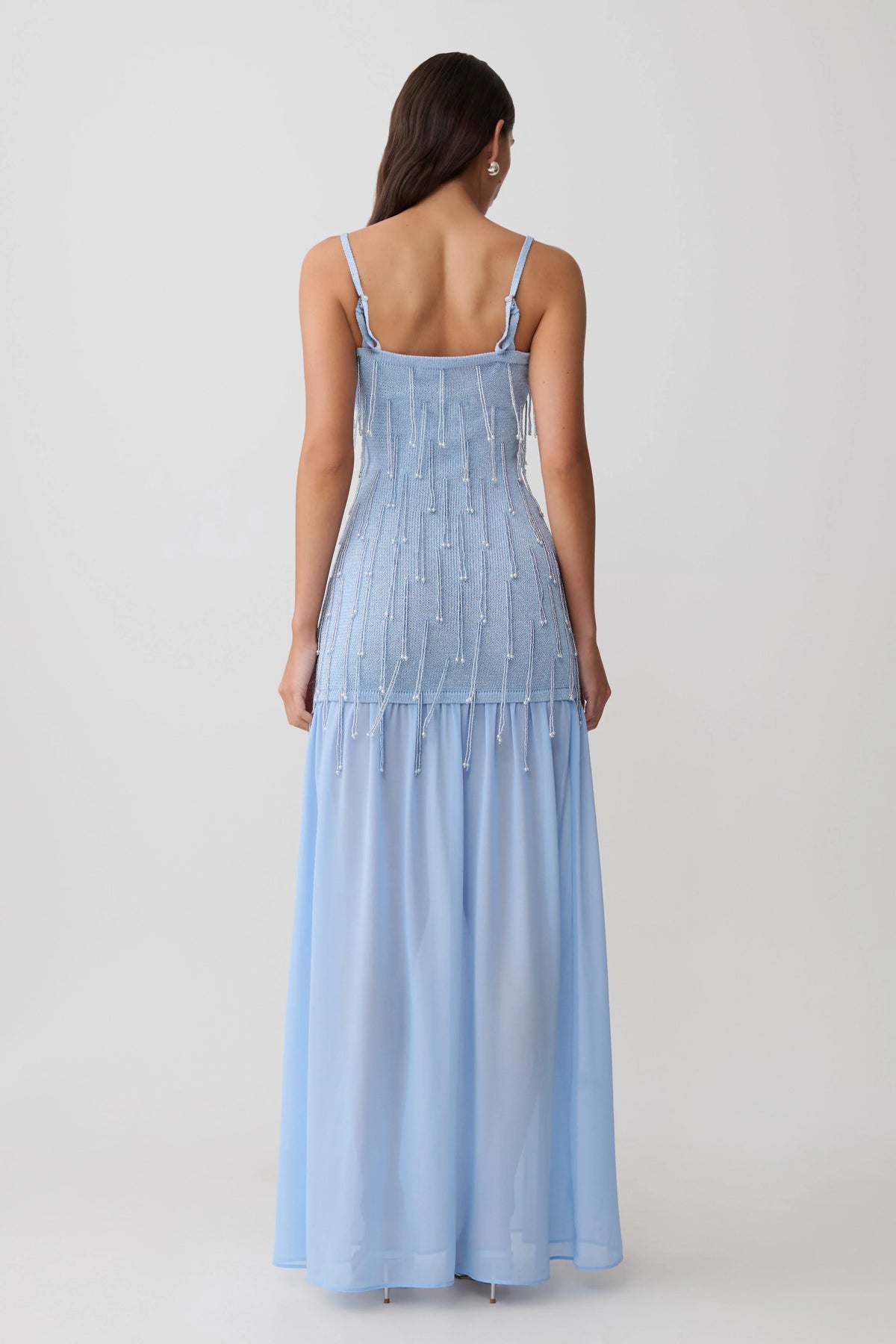 Belinda Beaded Knit Chiffon Maxi Dress Light Blue