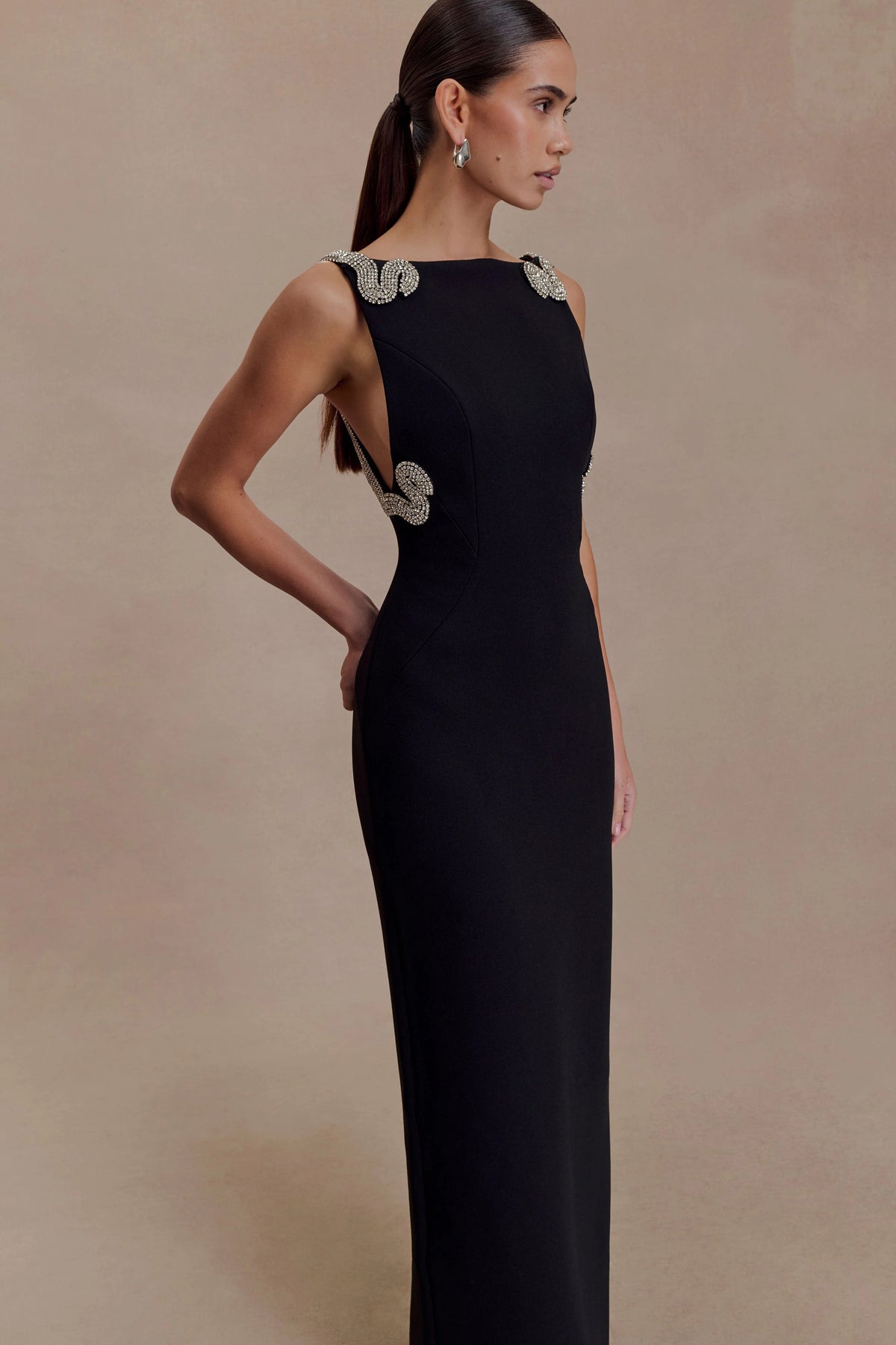 Lorde Embellished Crepe Maxi Dress Black