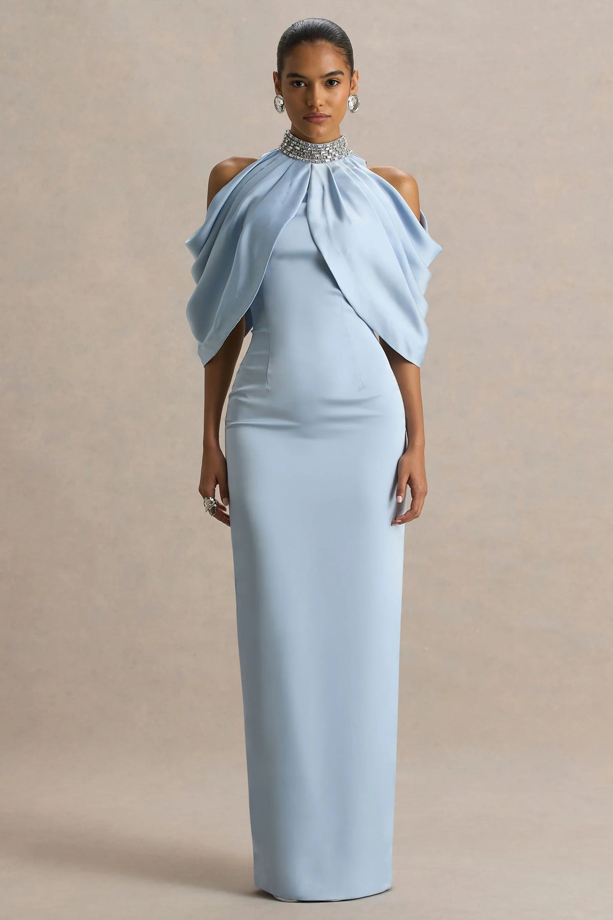 Sulliana Powder Blue Satin High Neck Maxi Dress With Embellished Detail And Cape Sleeves