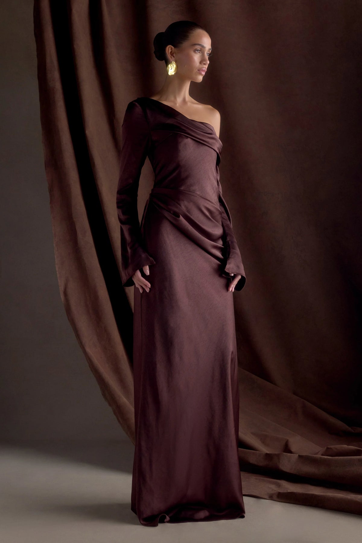 Iris Long Sleeve Satin Maxi Dress Dark Chocolate