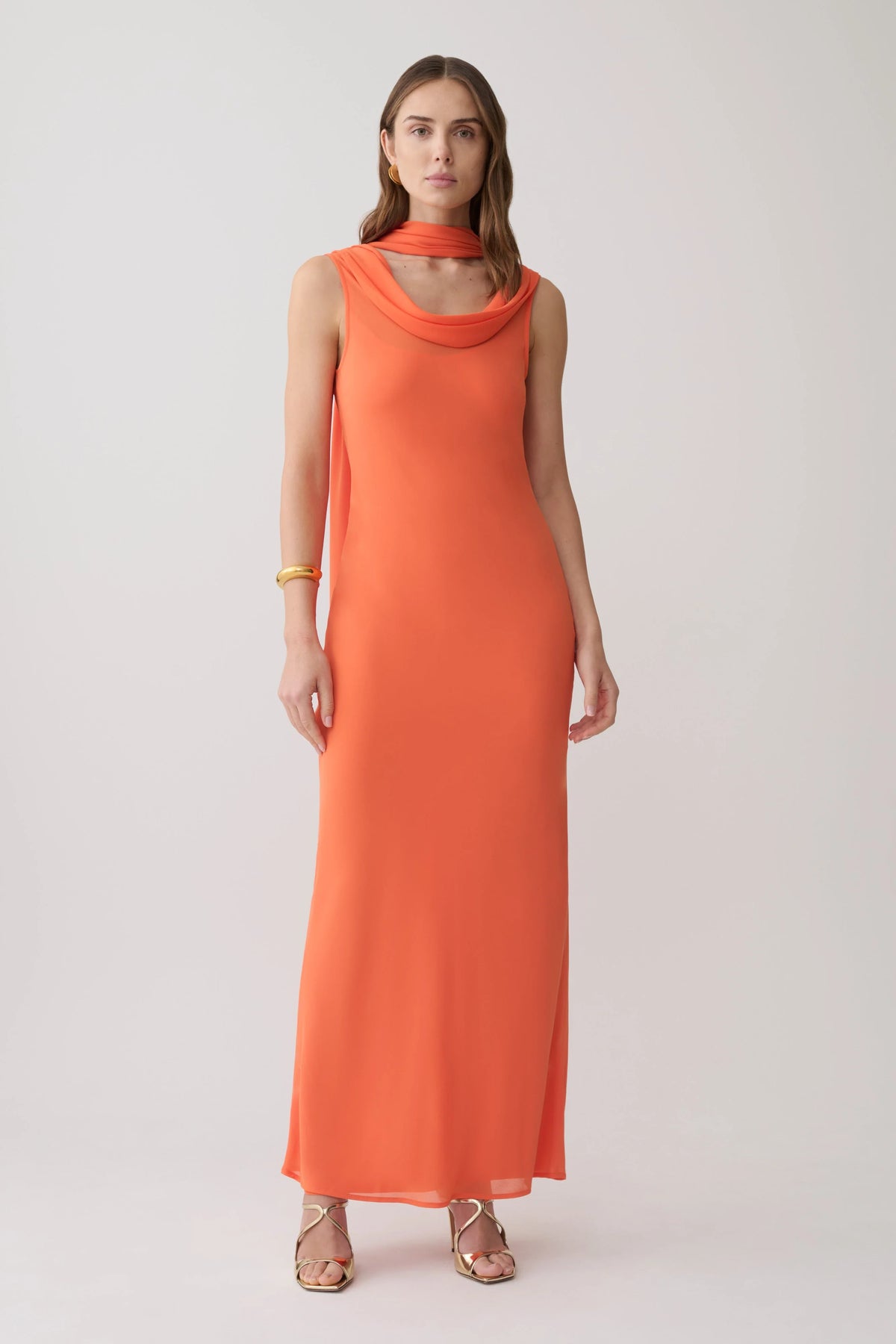 Dakota Chiffon Maxi Dress With Scarf Orange