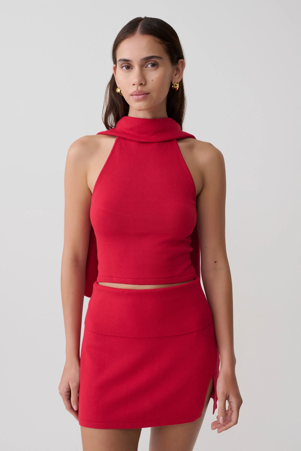 Misty Halter Backless Knit Top Red