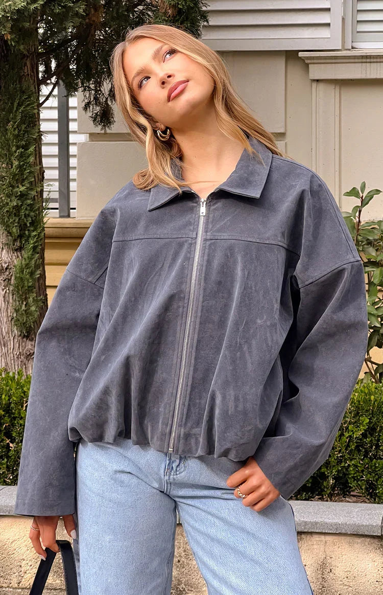 River Steel Grey Suedette Bubble Hem Bomber Jacket