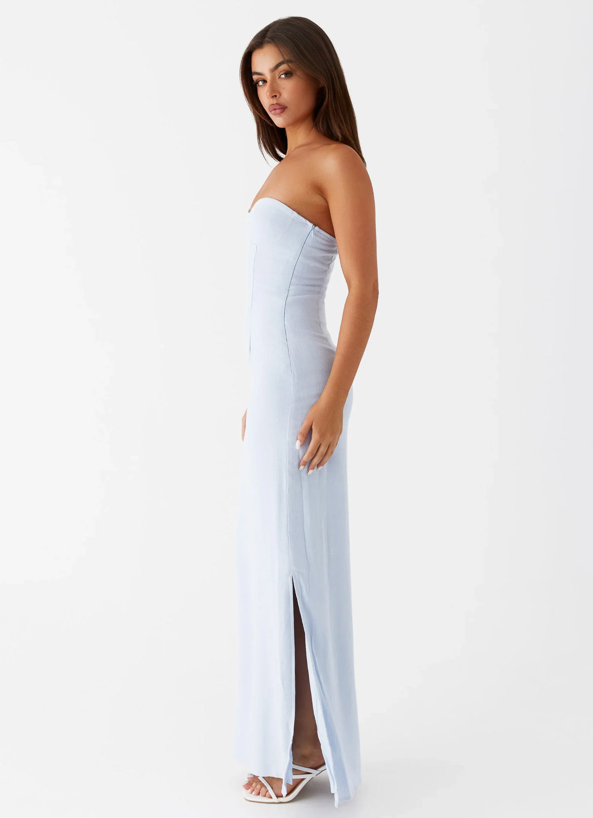Esra Linen Strapless Maxi Dress Blue