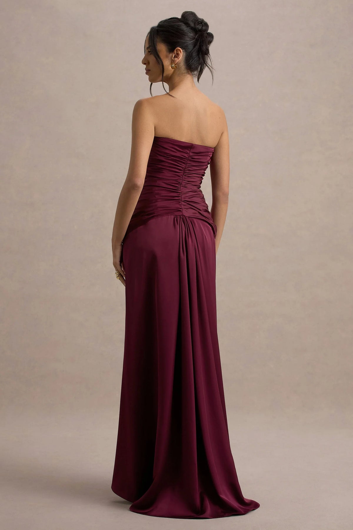 Desirie Plum Satin Sweetheart Gathered Maxi Dress
