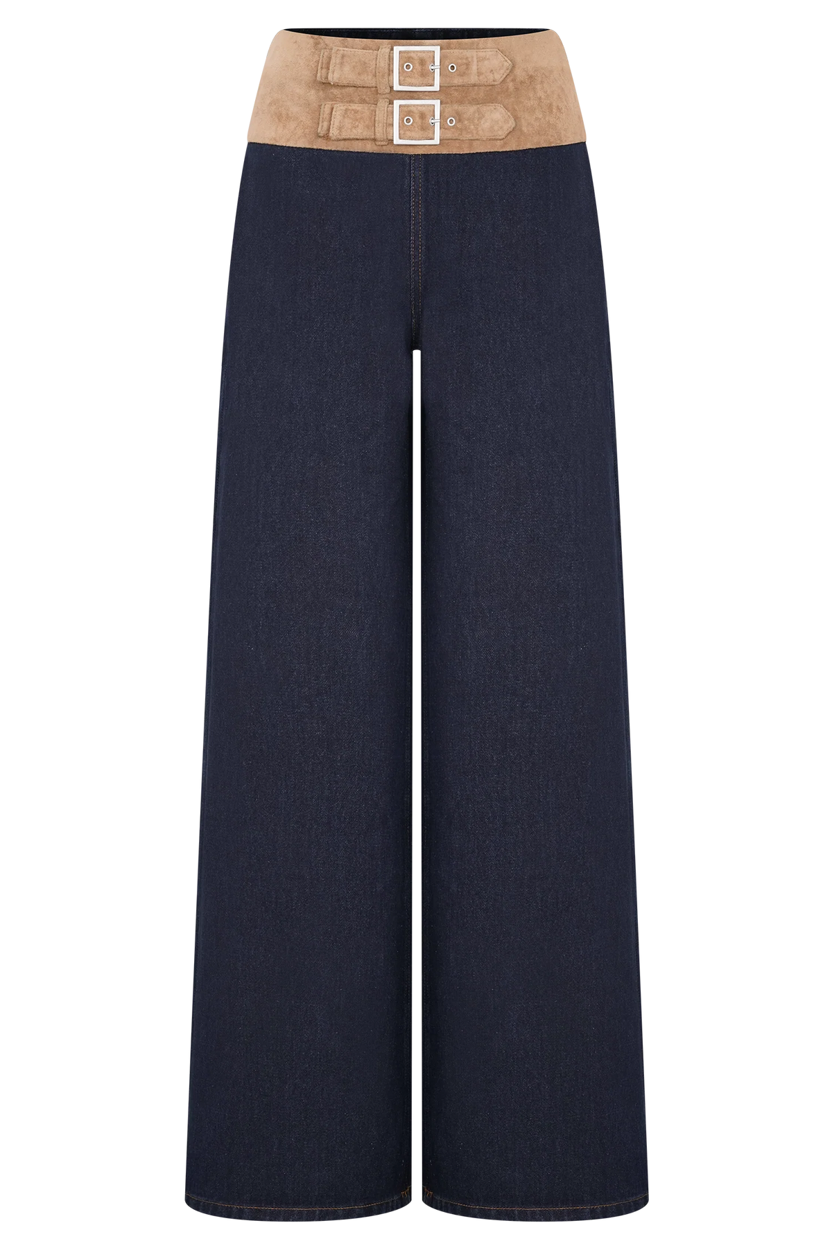 Miranda Faux Suede Belted Denim Wide Leg Jeans Indigo Blue