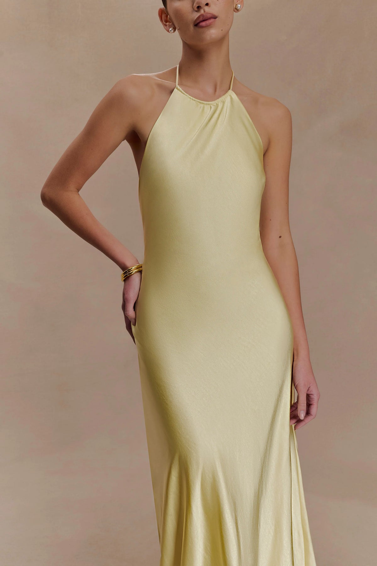 Bella Satin Halter Maxi Dress Lemon
