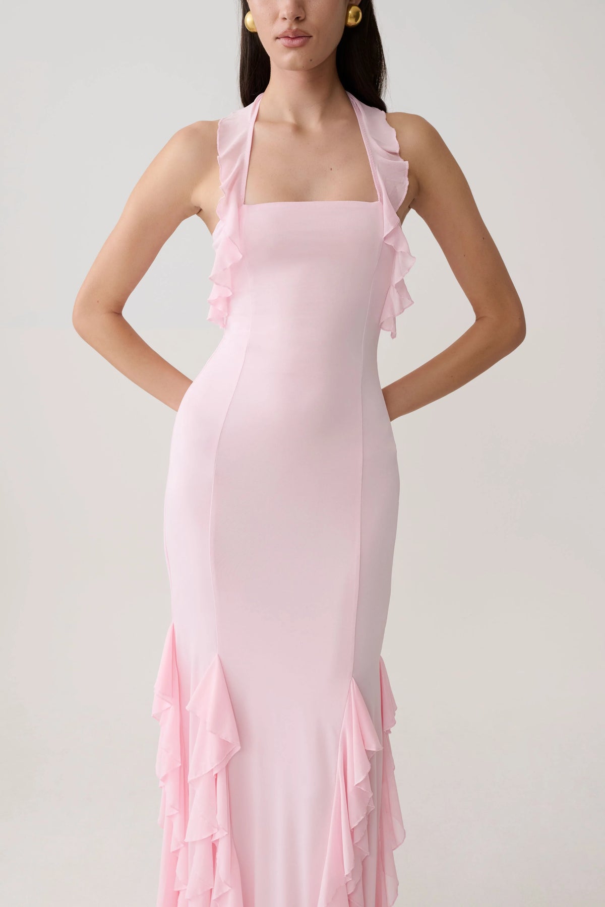 Etta Ruffle Slinky Maxi Dress Pale Pink